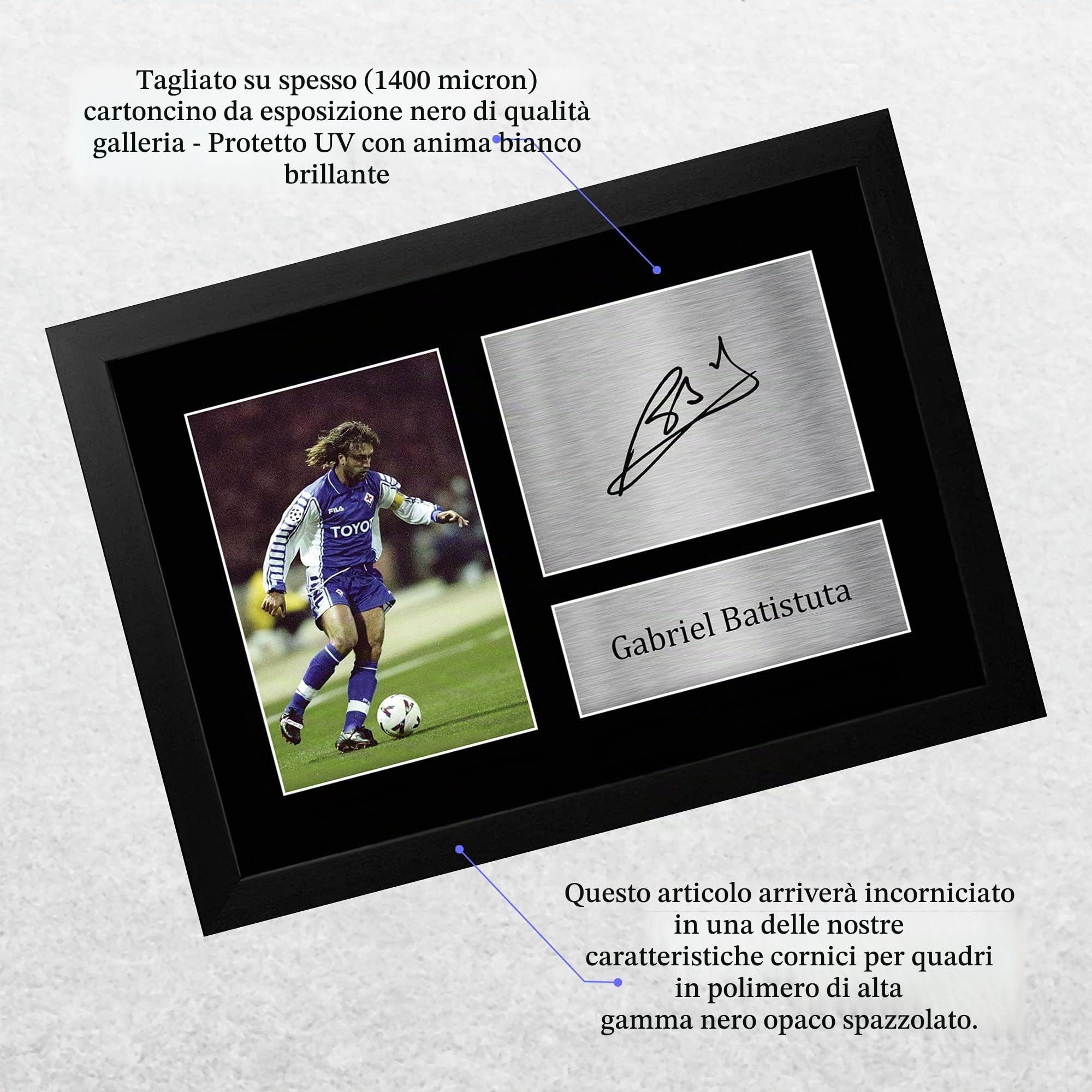 HWC Trading FR A4 - Immagine autografata di Gabriel Batistuta con la maglia della Fiorentina, regalo per fan e tifosi, formato A4, con cornice