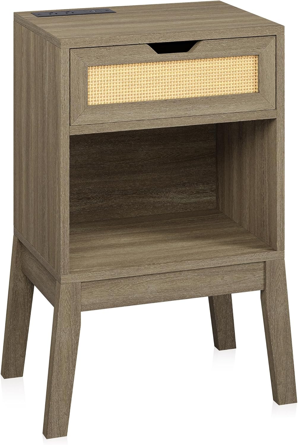 BELLEZE End Table with Ultra-Fast USB Type A/C Outlet Strip, Boho Style Nightstand with Rattan Decorated Drawer and Open Cabinet, Side Table for Bedroom, Guest Room, Office - Carl(Nature)