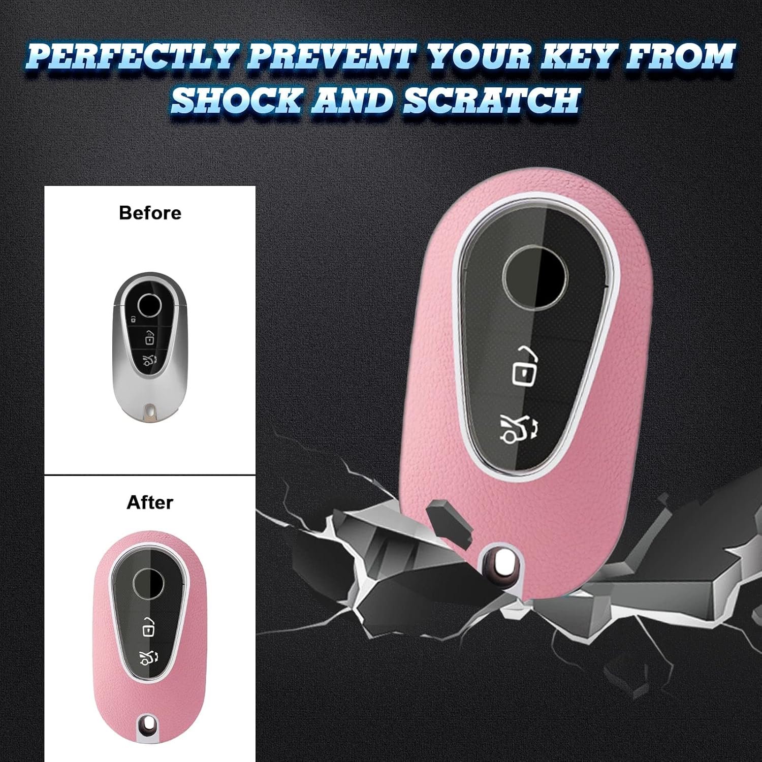 x xotic tech Pink TPU Grainy Leather Texture Key Fob Shell Cover Case w/Keychain, Compatible with Mercedes-Benz C E S CLE GLC-Class W206 W214 X254 W223 3-Button Smart Keyless Entry Key