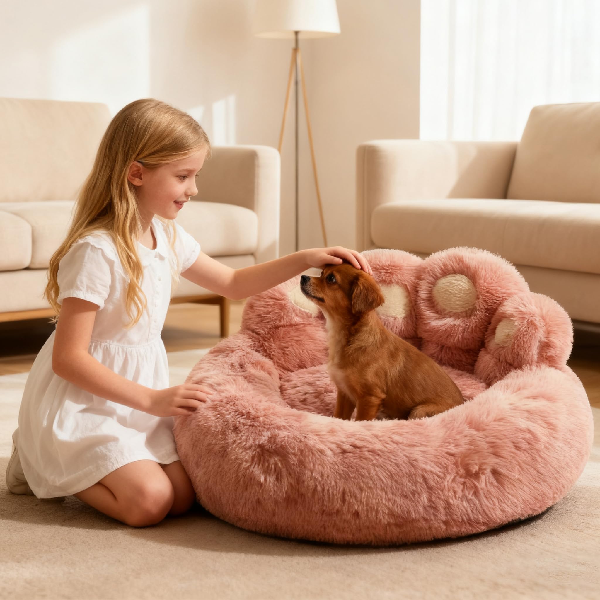 PETCUTE Cama Perro Mediano,Cómodo y Cálida,Colchon Perro Lavable con Fondo Antideslizante,Cama Ortopedica para Perros,Sofá para Perros con Forma de Pata de Oso,Rosa,2XL