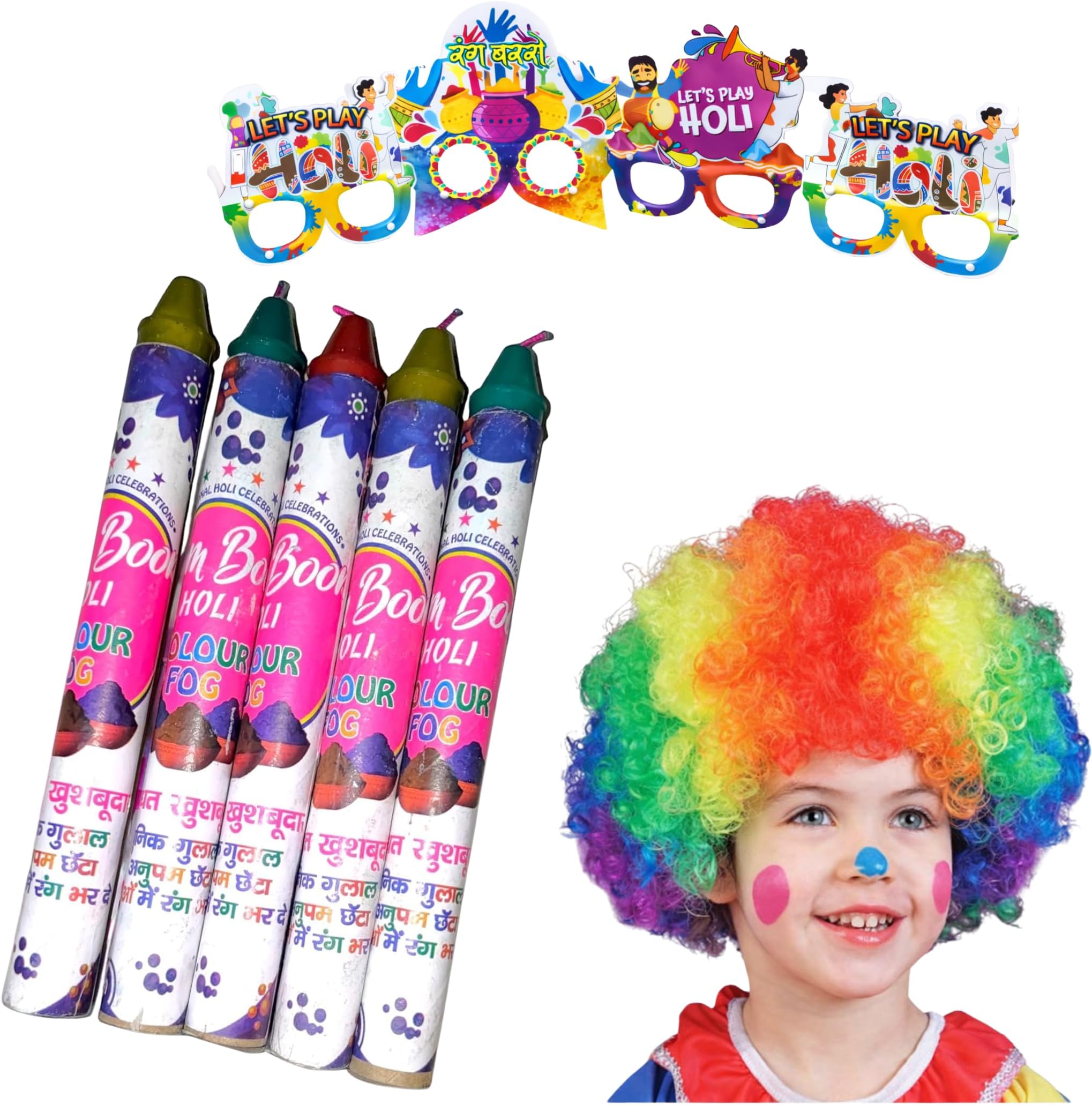 Pleasing Forest Holi Celebration Combo Kit with 5 Colour Fog Spray, Rainbow Wig, 4 Party Glasses, Multicolor, Festival Party Supplies (1 Set) (1 Set)