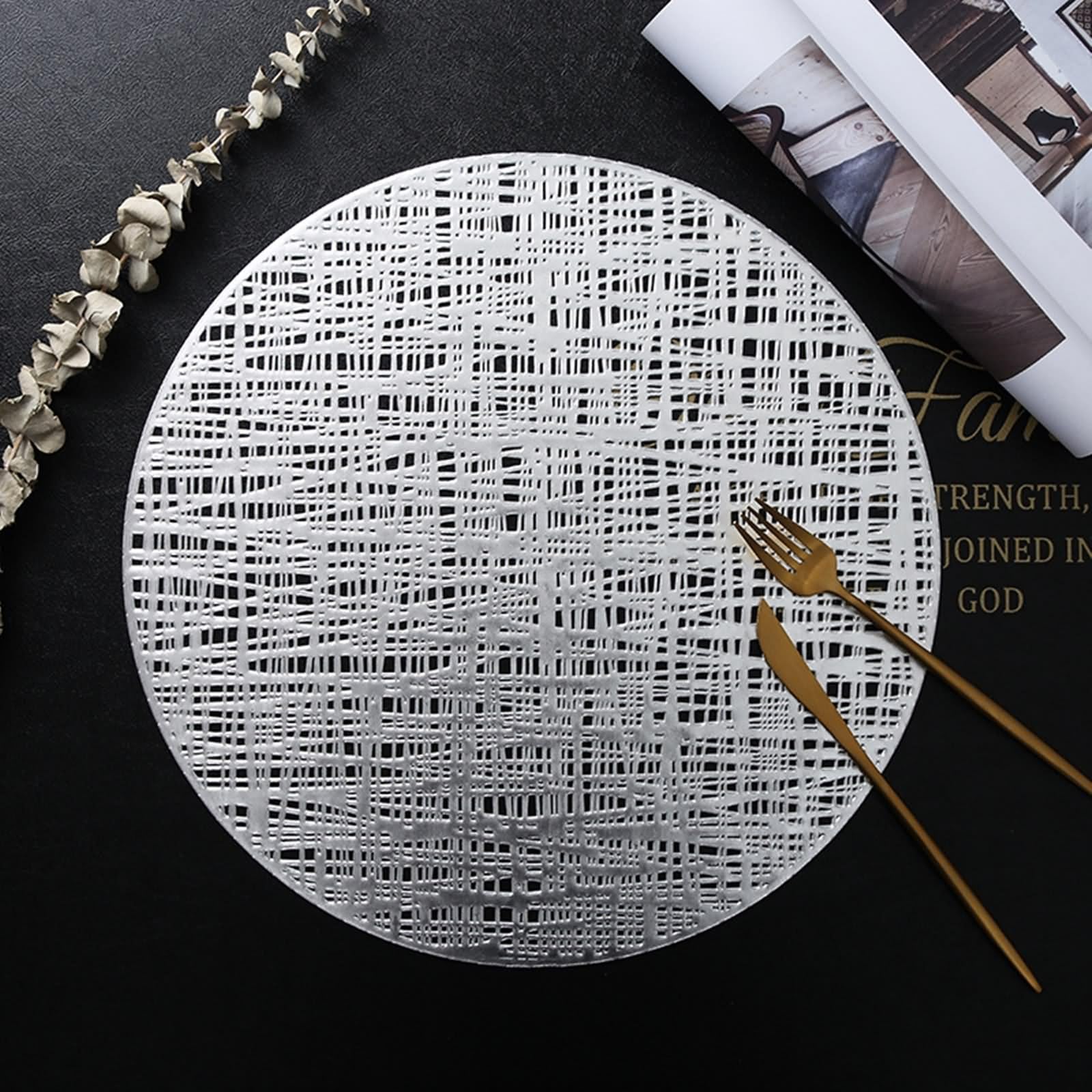 Juego de 10 manteles individuales para mesa de otoño, PVC, 38 cm, diseño de tejido hueco, color plateado, para cocina, restaurante, mesa de comedor