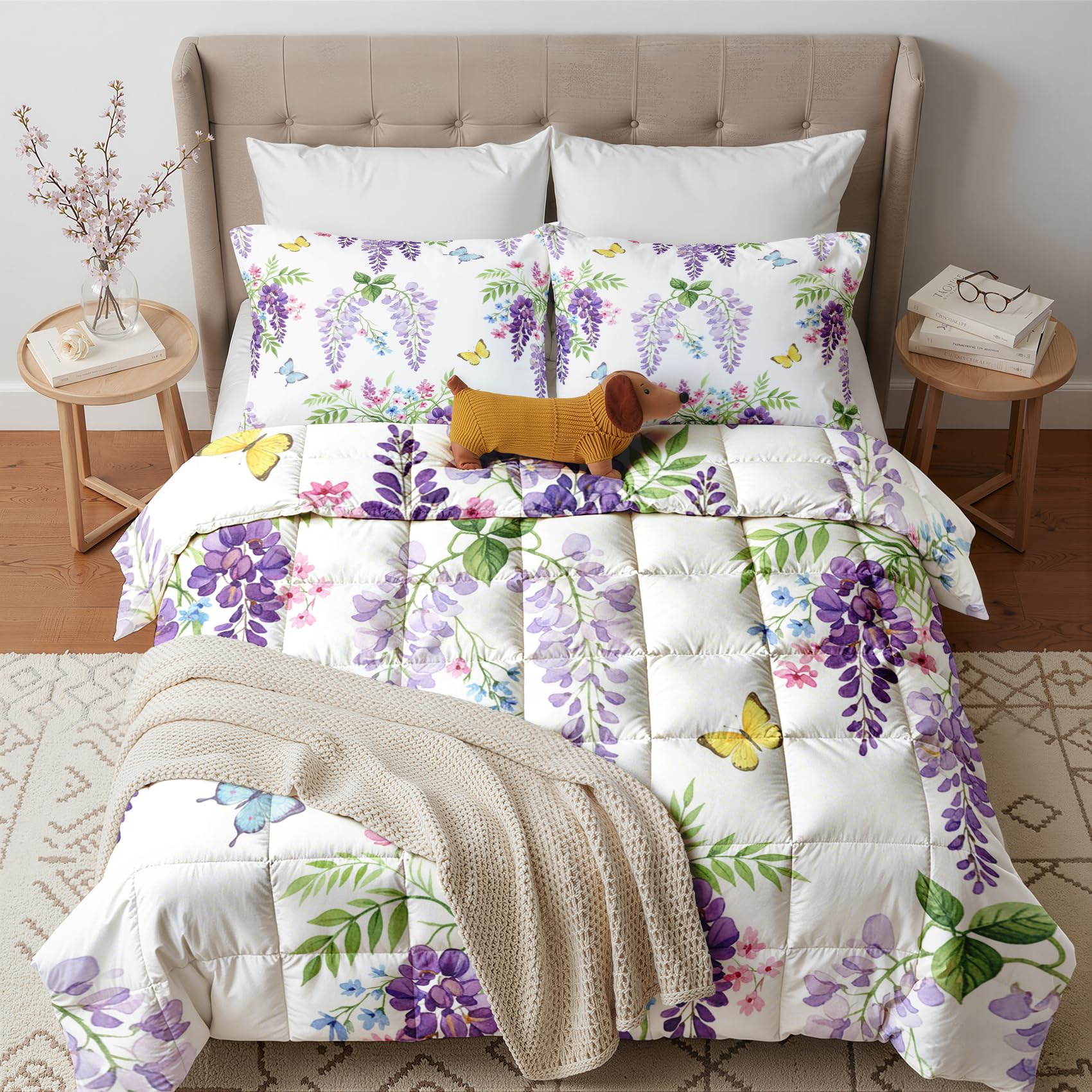 Couette 220x240 4 Saisons Papillon et Fleurs, Duvet 2 Personnes Douce Légère et Chaude, Couette Imprimée Réversible Aquarelle, Edredon avec 2 Taies d'oreiller