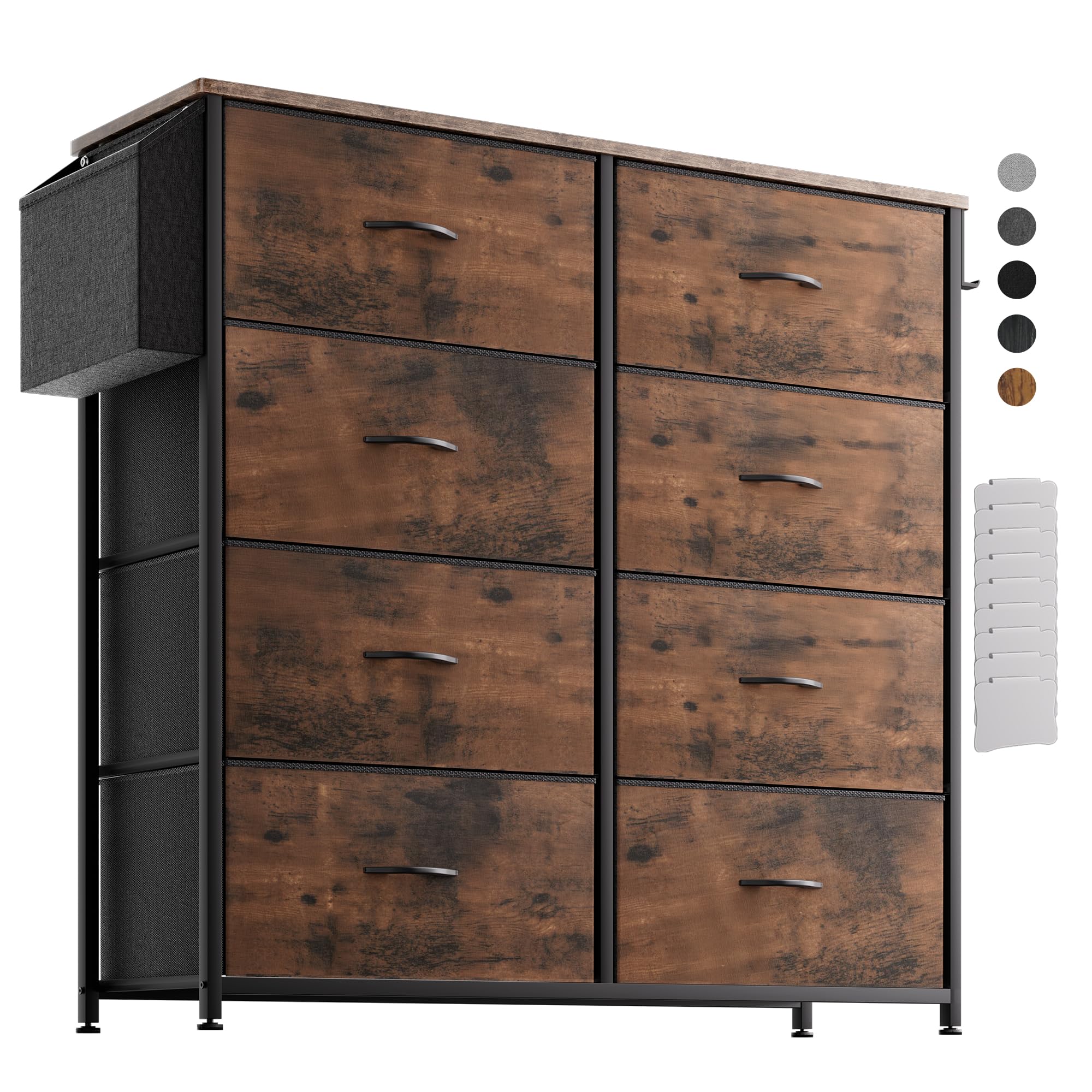 PURFINO Fabric Chest of Drawers - Canvas Storage Unit with 8 Large Drawers, Label Cards, Side Pocket & Hook for Living Room, Hallway, Bedroom