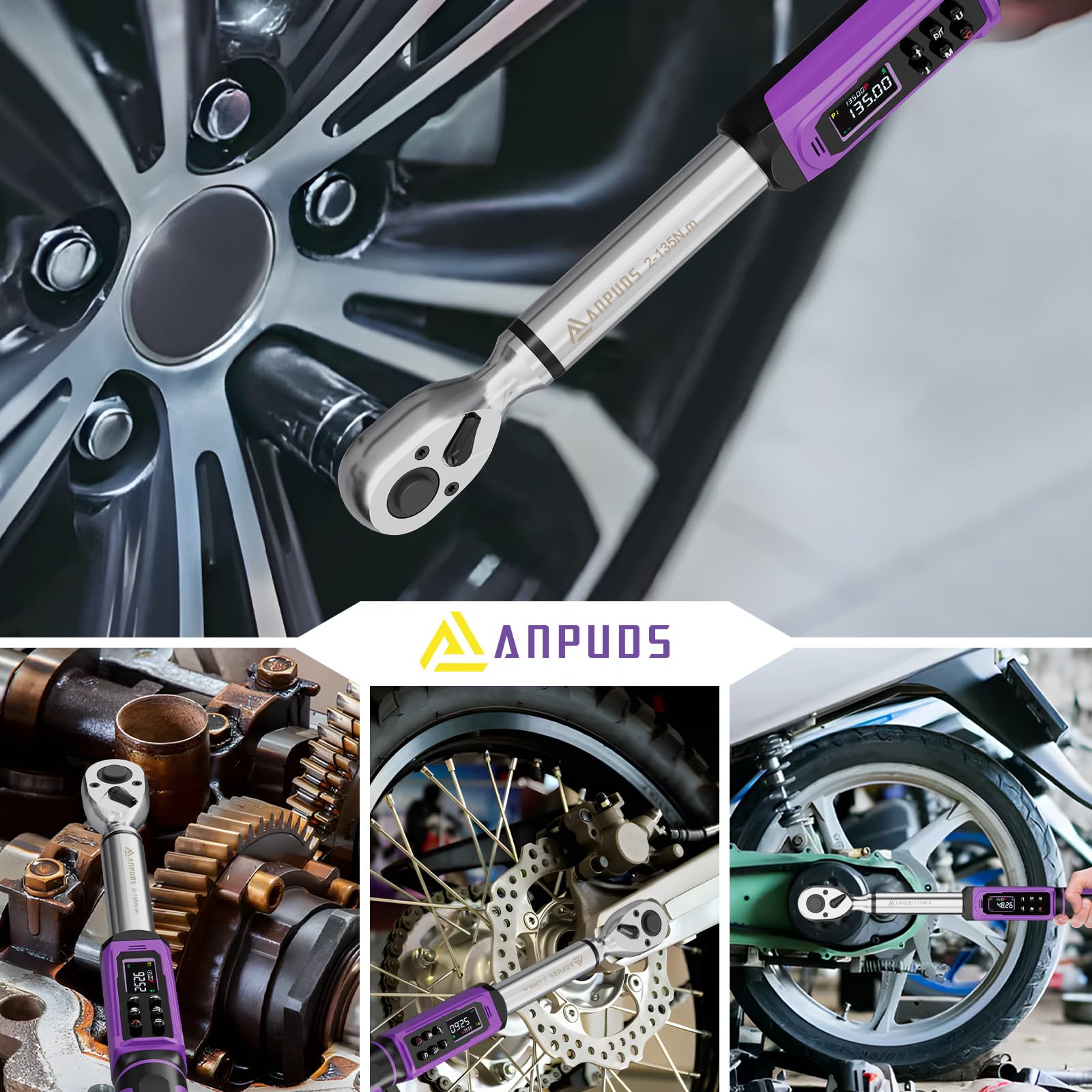 ANPUDS Clé Dynamométrique Numérique 3/8" (2-135 Nm) pour Autos et Motos, Précision ±1% avec Alertes Vibrantes, Sonores et LED, Set de Serrage Électronique pour Roues, Freins et Mécanique Générale