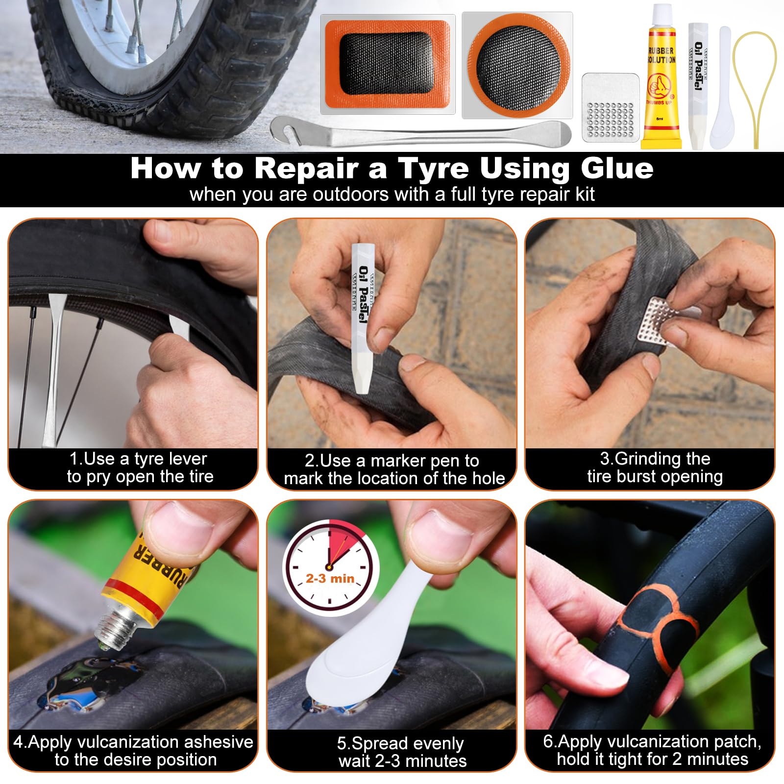 Sudnsadaks Kit Réparation Vélo 56 Pièces – Rustines Rondes Et Rectangulaires – Démonte-pneu Bimétal – Boîte Portable – Pour VTT, Route, Moto, Fauteuil Roulant
