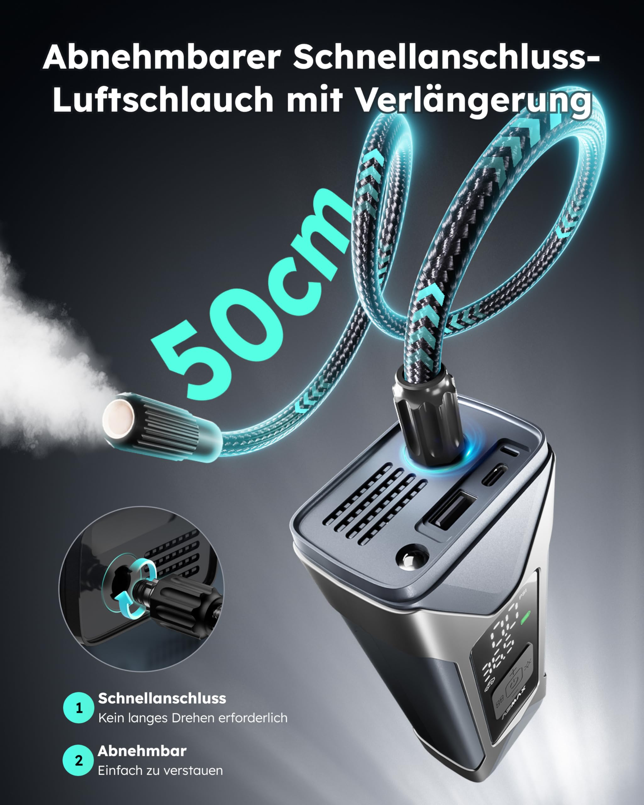 ASMAX Elektrische Luftpumpe 7500mAh, Fahrradpumpe 160PSI/11Bar mit Reifendruckmesser, tragbarer Akku Kompressor, Mini Reifenpumpe mit LED Licht für Autos, Wohnmobil, Motorräder, Fahrräder, Bälle