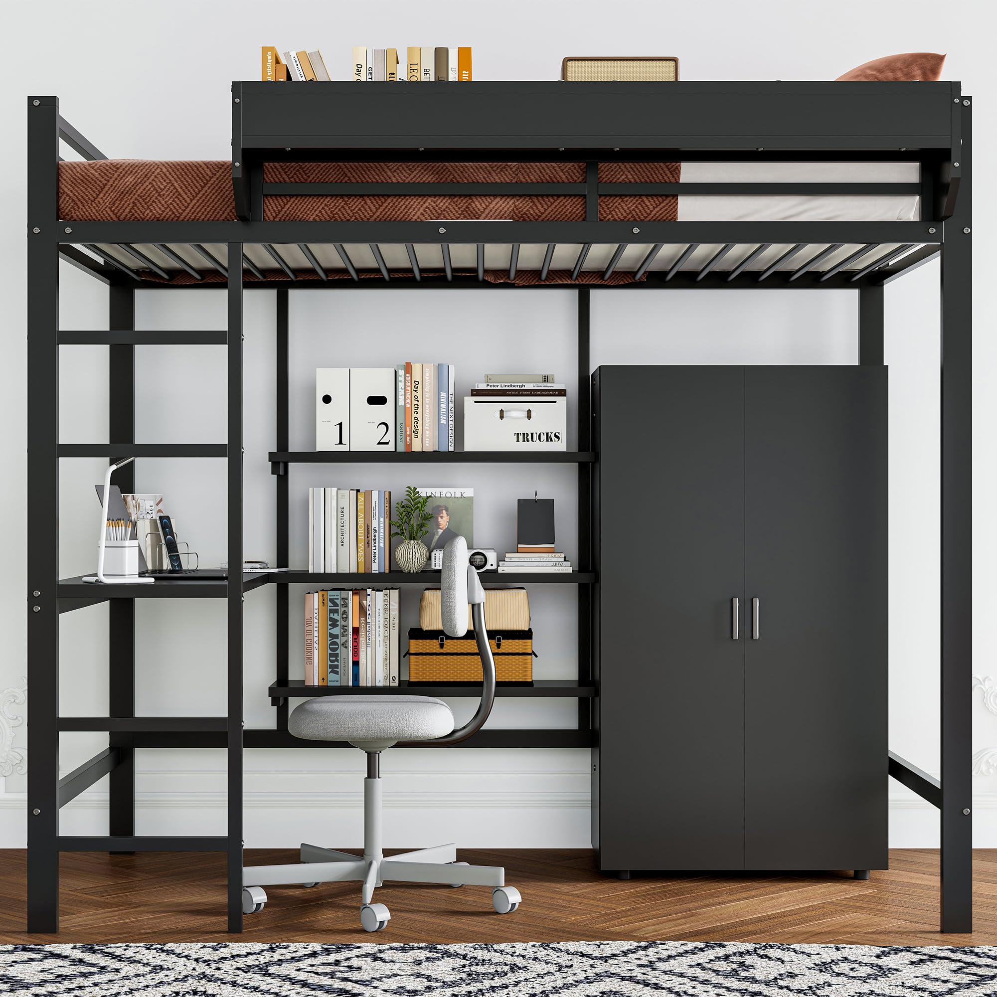 Merax Letto a soppalco 90 x 200 cm con scrivania, armadio e scaffalatura, robusto letto a castello in metallo con rete a doghe e protezione dalle cadute, salvaspazio, letto a castello, letto a