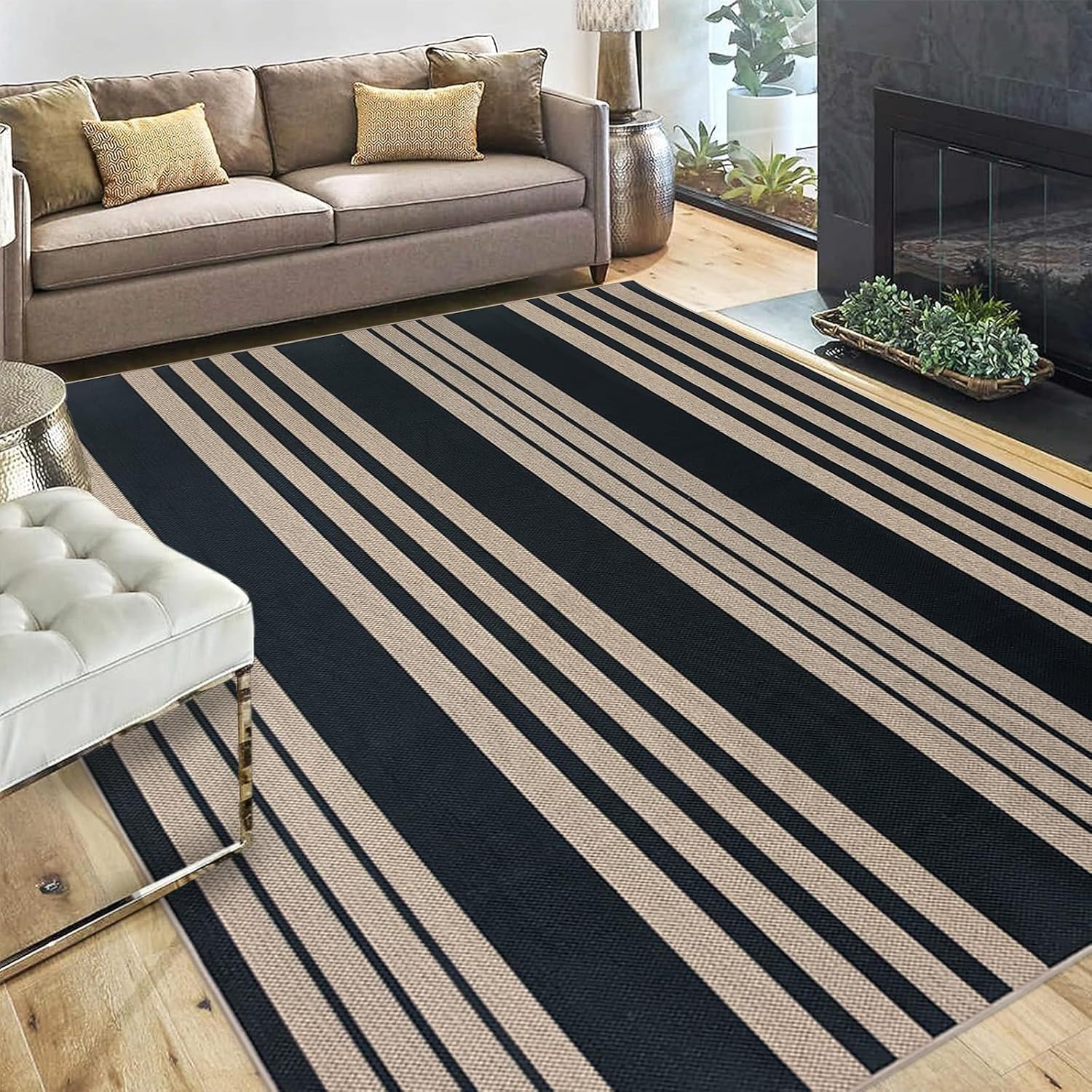 USTIDE Tappeto in iuta a righe, 150 x 200 cm, antiscivolo, lavabile, grande, neutro, per soggiorno, casa colonica, interni ed esterni, nero, per camera da letto, sala da pranzo, patio, cortile