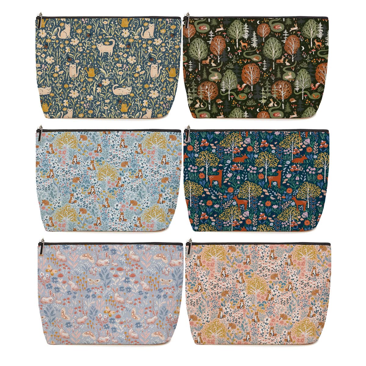 6 Pieces Makeup Bag Forest Fox Garden Cat Deer Rabbit Floral Aesthetics Skincare Bag Travel Toiletry Bag Makeup Pouch Cosmetic Bag Thank You