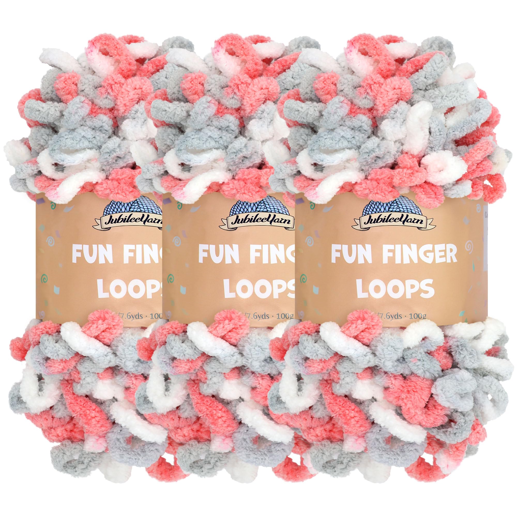JubileeYarn Fun Finger Loops - Filato in poliestere Jumbo Weight Loop - 100 g/matassa - Rosso Grigio Bianco - 3 matasse