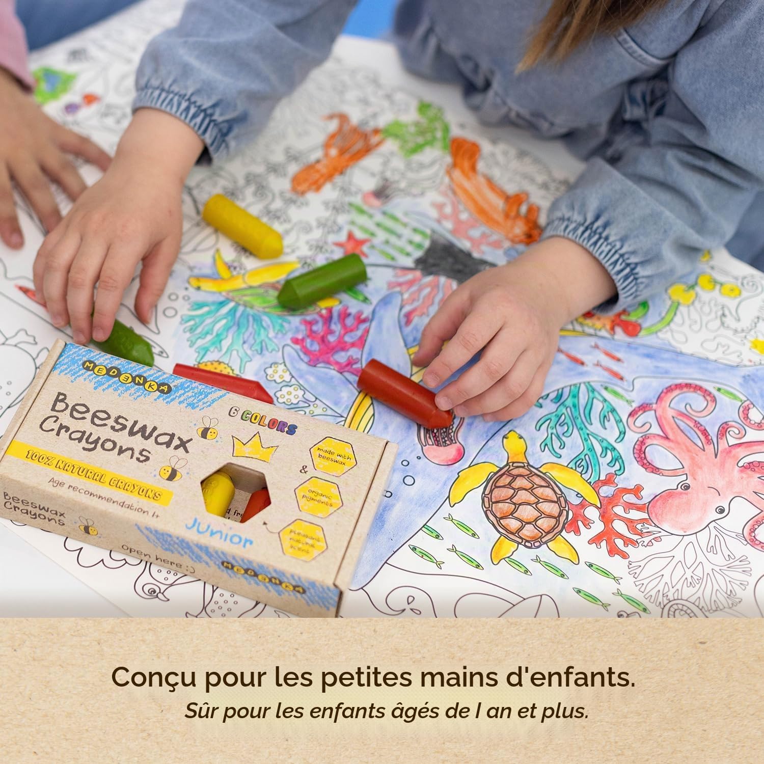 Crayons à la cire d'abeille Junior – 6 couleurs – Crayons pour tout-petits – Non toxiques pour les années 1–3 ans – Fabriqué en cire d'abeille européenne