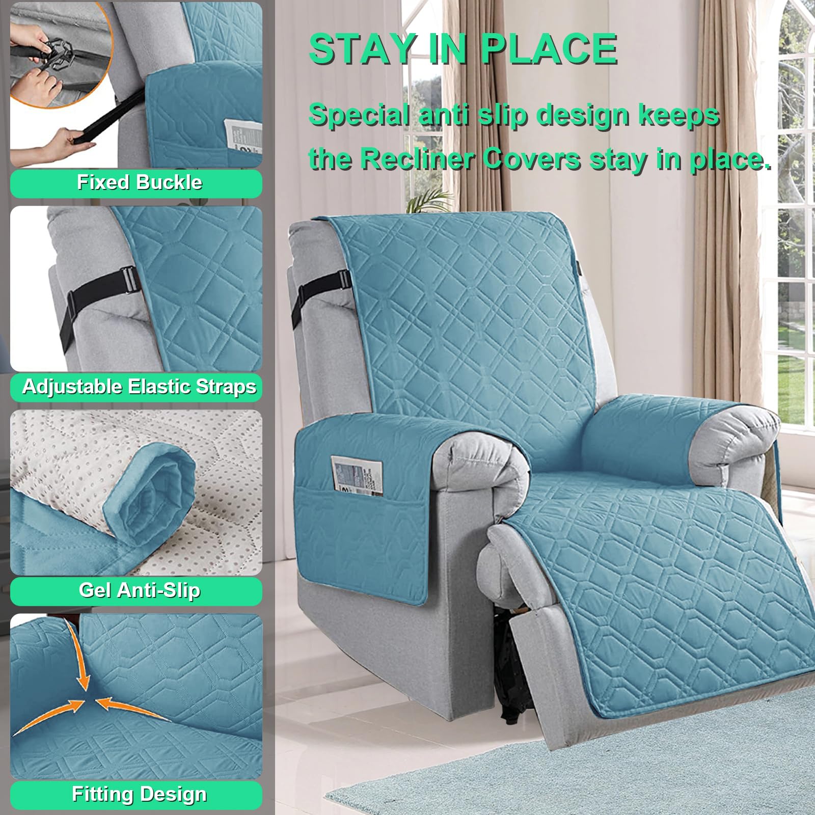 100% Waterproof Recliner Chair Cover with Pockets, Elastic Strap, Non-Slip Chair Cover for Recliner Armchairs, 1 Seat Recliner Sofa Cover, Anti-fouling Recliner Covers for Kids, Dogs, Pets (Gray Blue) - Image 4