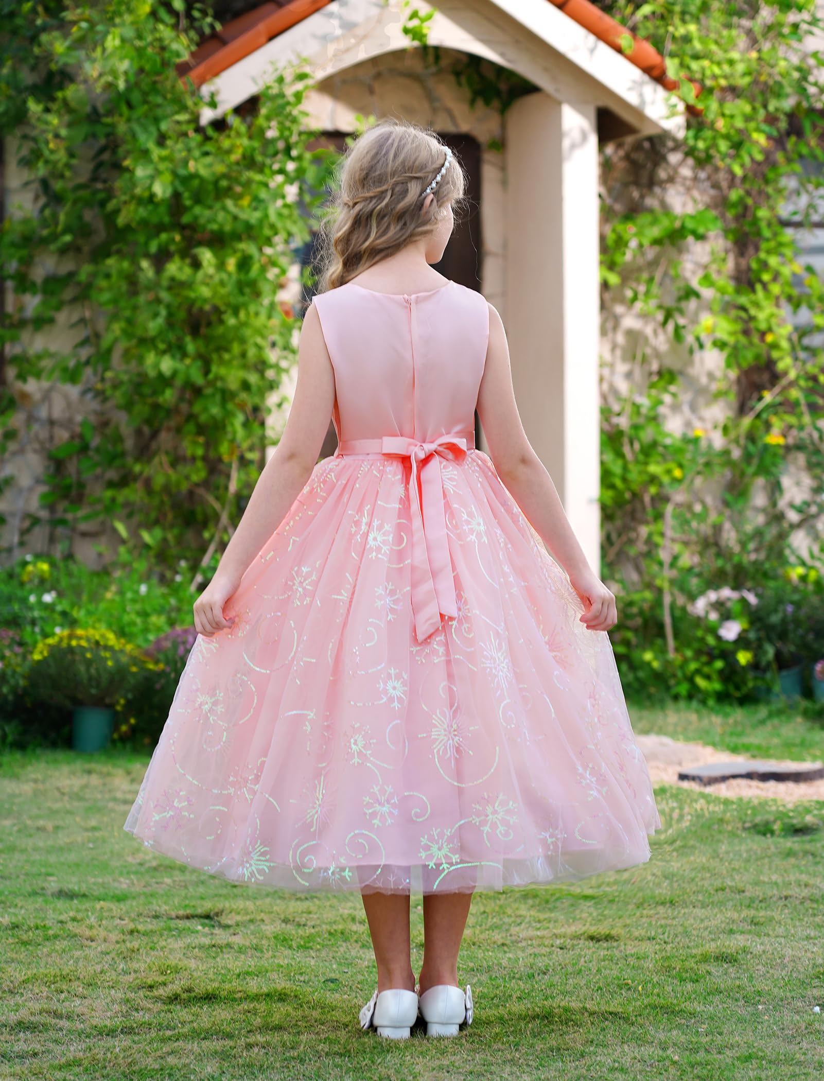 IDOPIP Enfant Fille Les Sequins Broderie Tulle Longue Robe Demoiselle d'honneur Fille Fleur Mariage La Fête Bal Officiel Soirée Anniversaire
