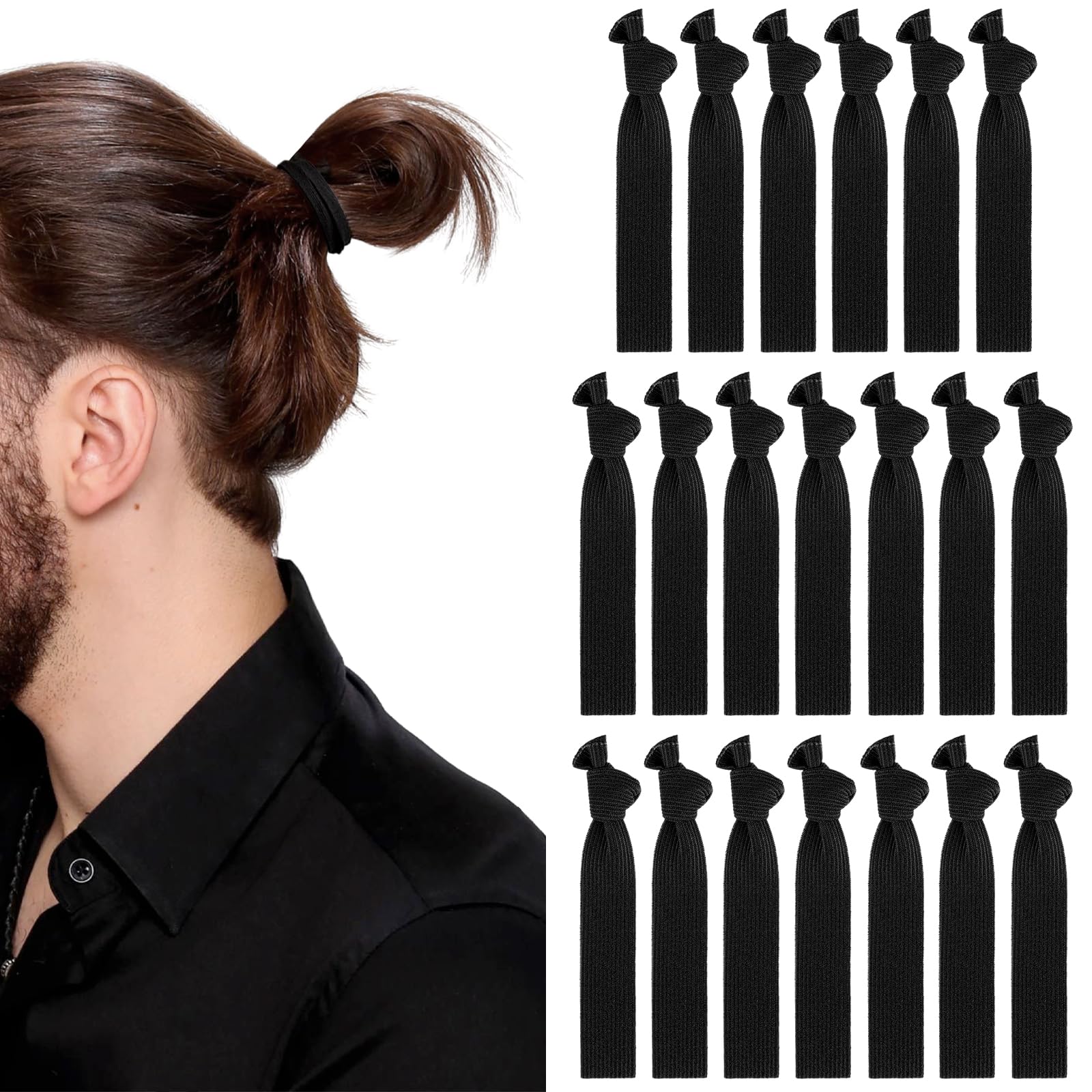 20 PCS Men's Black Knotted Hair Ties - No Damage Elastic Ponytail Holders for Long, Thick, Curly Hair - Strong Bun Holders for Guys