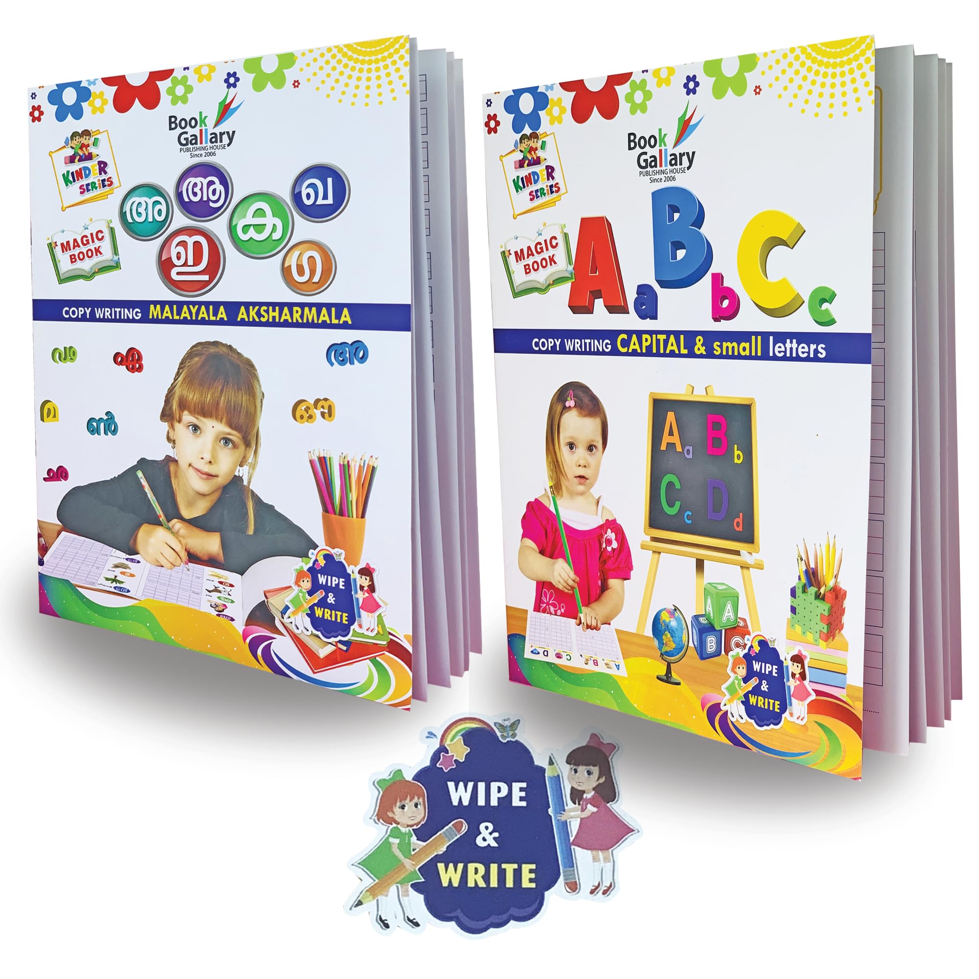 Book Gallery Reusable Malayalam Aksharamala & ABC Handwriting Practice Book Combo | Beginner Friendly Write and Wipe malayalam kids book for Words and Sentences activity