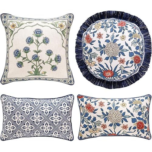 patdrea Designer Floral Linen Throw Pillow Covers,Blue French Cottage Flower Pattern Decorative Pillowcases Cushion for Bed Living Room Outdoor Car,Pack of 4
