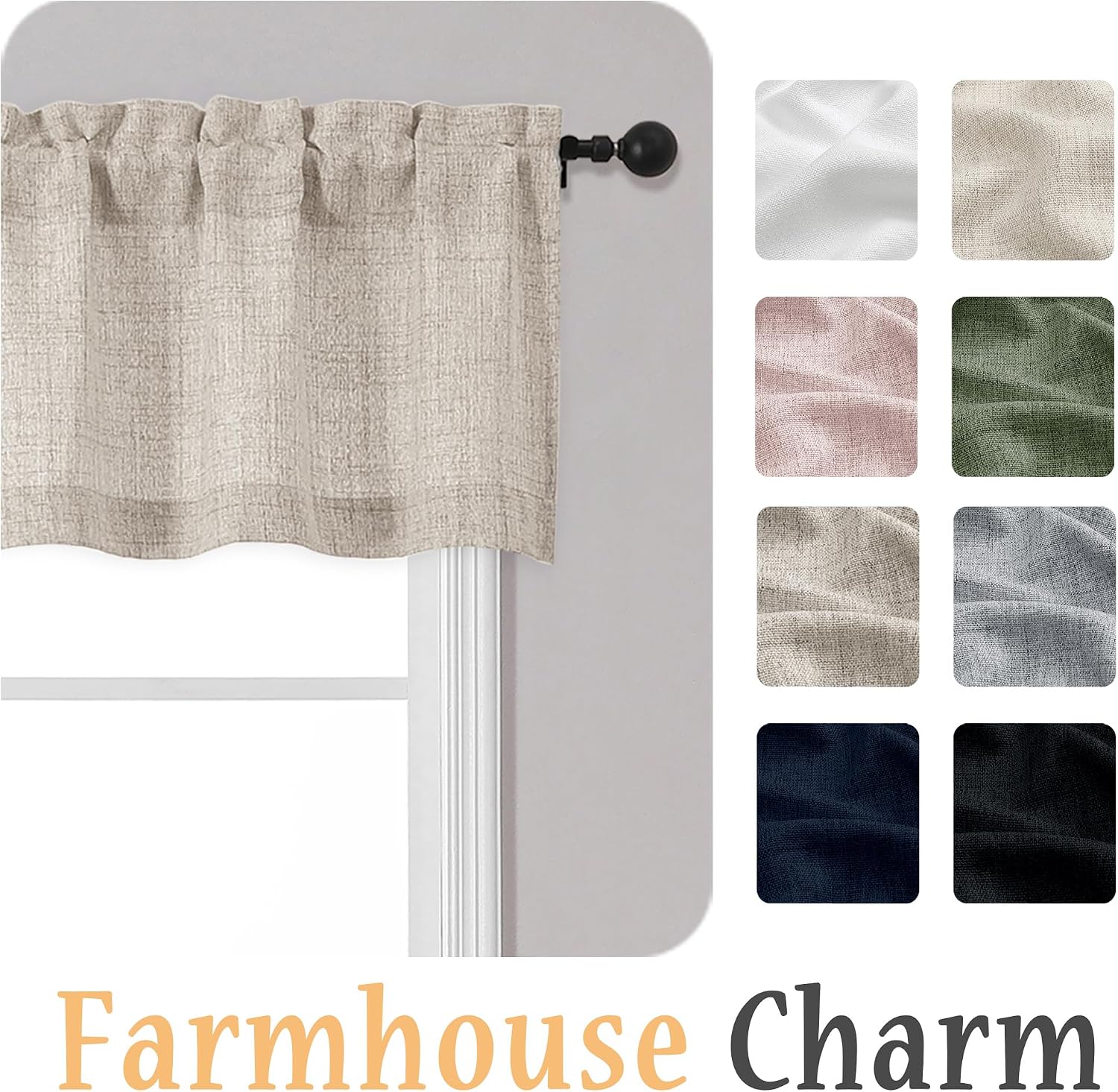 OWENIE Linen Valances for Windows 1 Pcs, Light Filtering Textured Farmhouse Short Small Valance Curtains for Bathroom Basement Living Room Bedroom, Rod Pocket Half Curtains Over Sink, 60Wx14L Inch