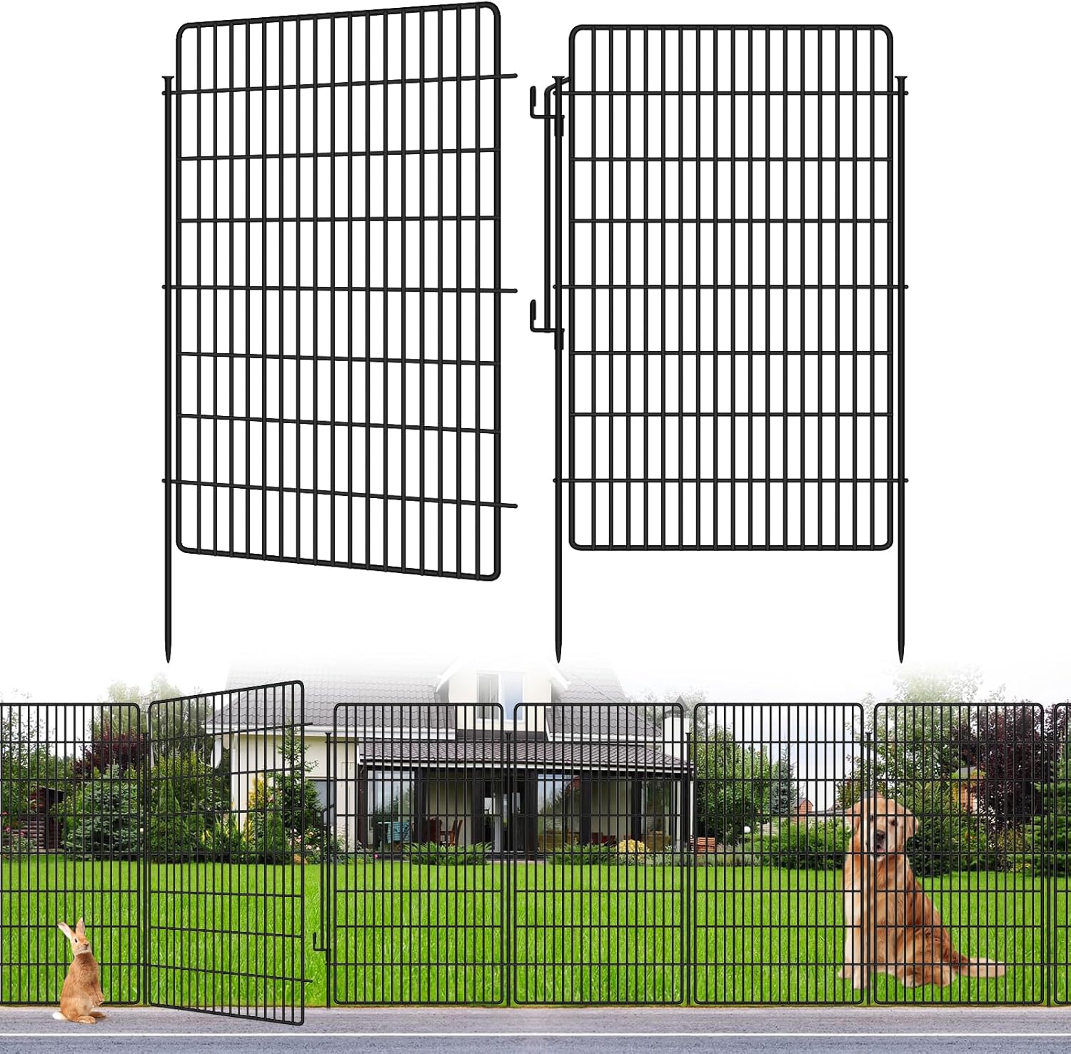10 Panels Garden Fencing Animal Barrier, 33 in(H) X 24 ft(L) Dog Fence Outdoor for Yard Rustproof No Dig Decorative Tall Garden Fence Metal Wire Panel Border Patio Rabbit Ground Stakes Fencing