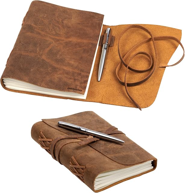 Leather Journal Notebook Gift Set with Luxury Pen  MOONSTER® Handmade Genuine Water Buffalo Leather Travel Journal with Unique Hand-Stitched Leather Binding  Premium Recycled Acid-Free Cotton Paper