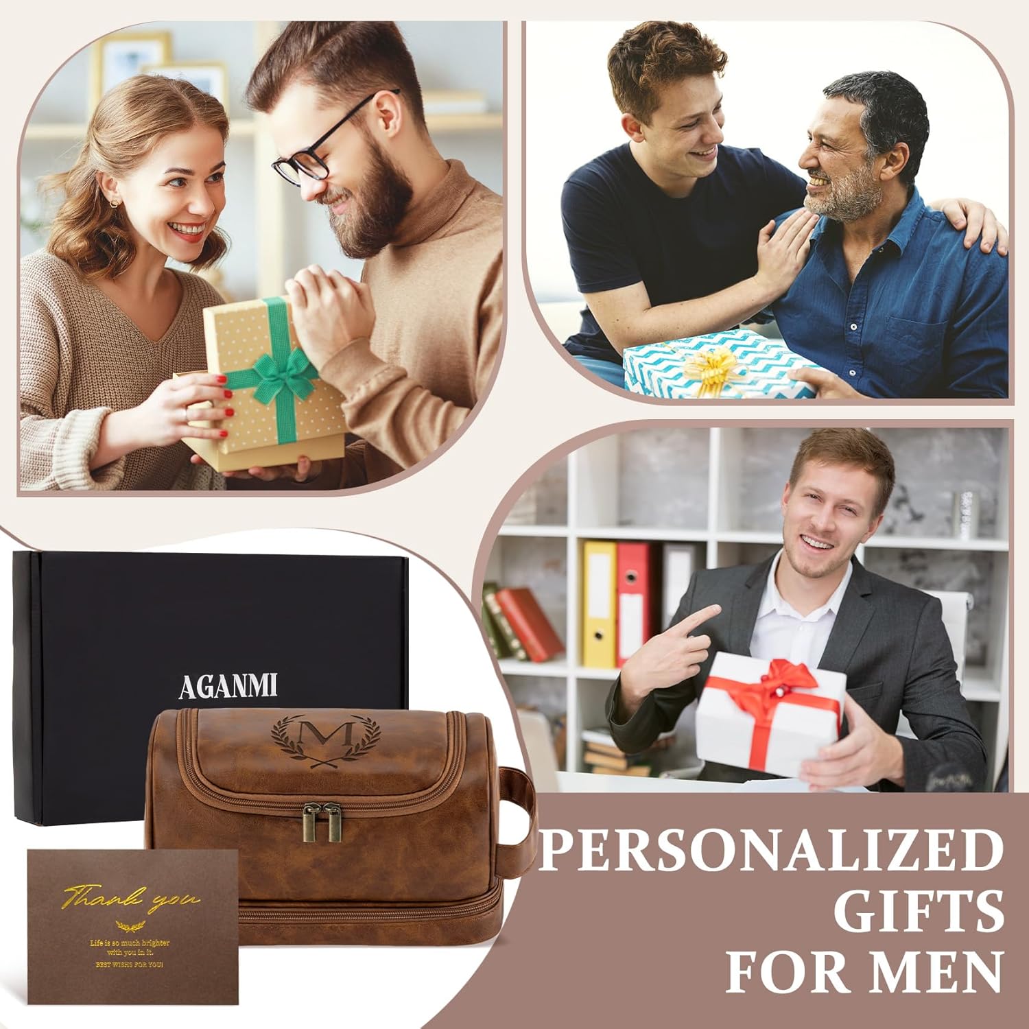 Personalized Gifts Travel Toiletry Bag for Men Him, Laser-Engraved Initial PU Leather Waterproof Shaving Bag Christmas Birthday Gift for Men Dad Husband Boyfriend Groomsmen, Light Brown M - Image 2