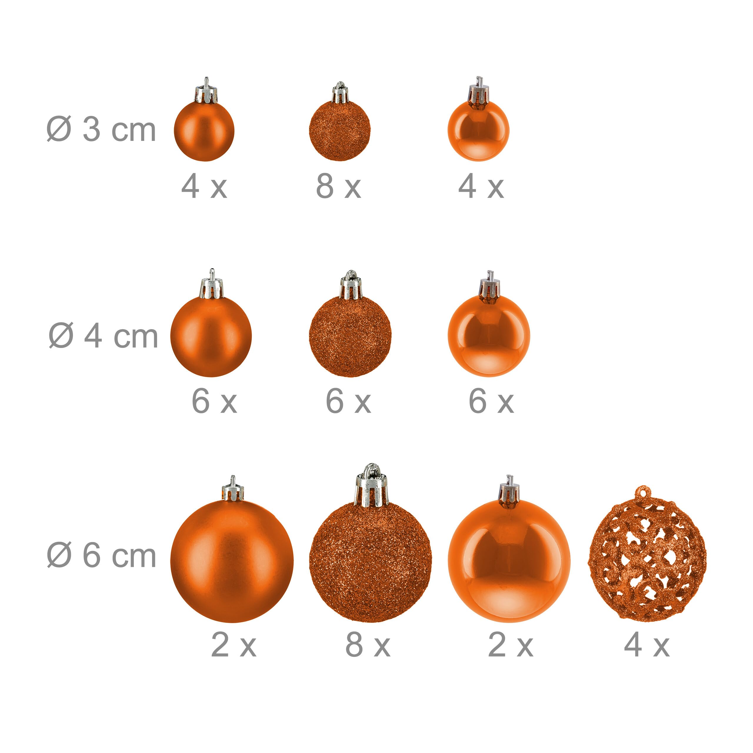 Relaxdays Boules de Noël, lot 50, Paillettes, Mates, Brillantes, décoration Sapin, Plastique, D : 3, 4 et 6 cm, Orange