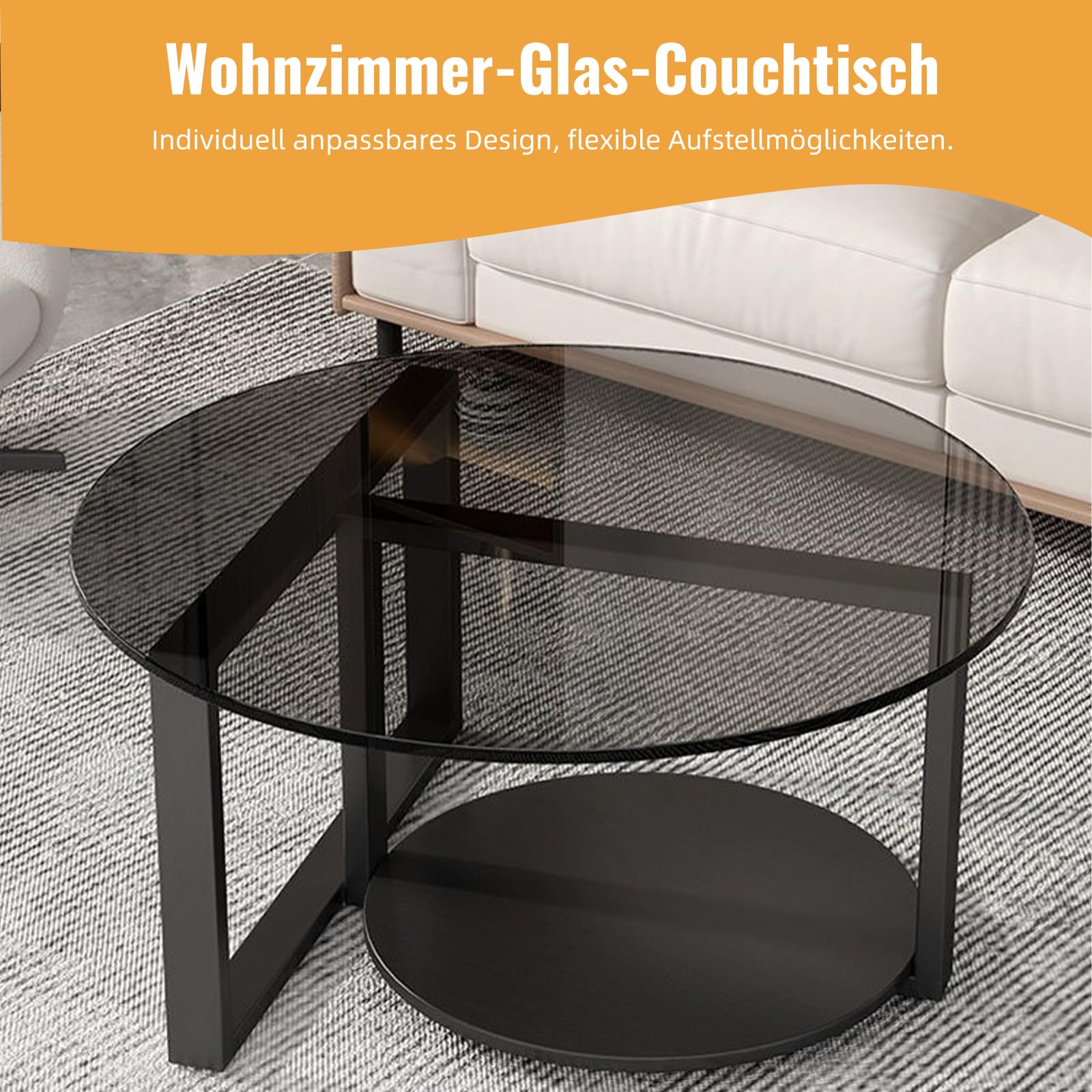 Couchtisch Rund Schwarz, Glas Couchtisch mit Stauraum, 60cm Doppelstöckiger Wohnzimmertisch Rund, Schwarz Round Coffee Table mit Metallrahmen