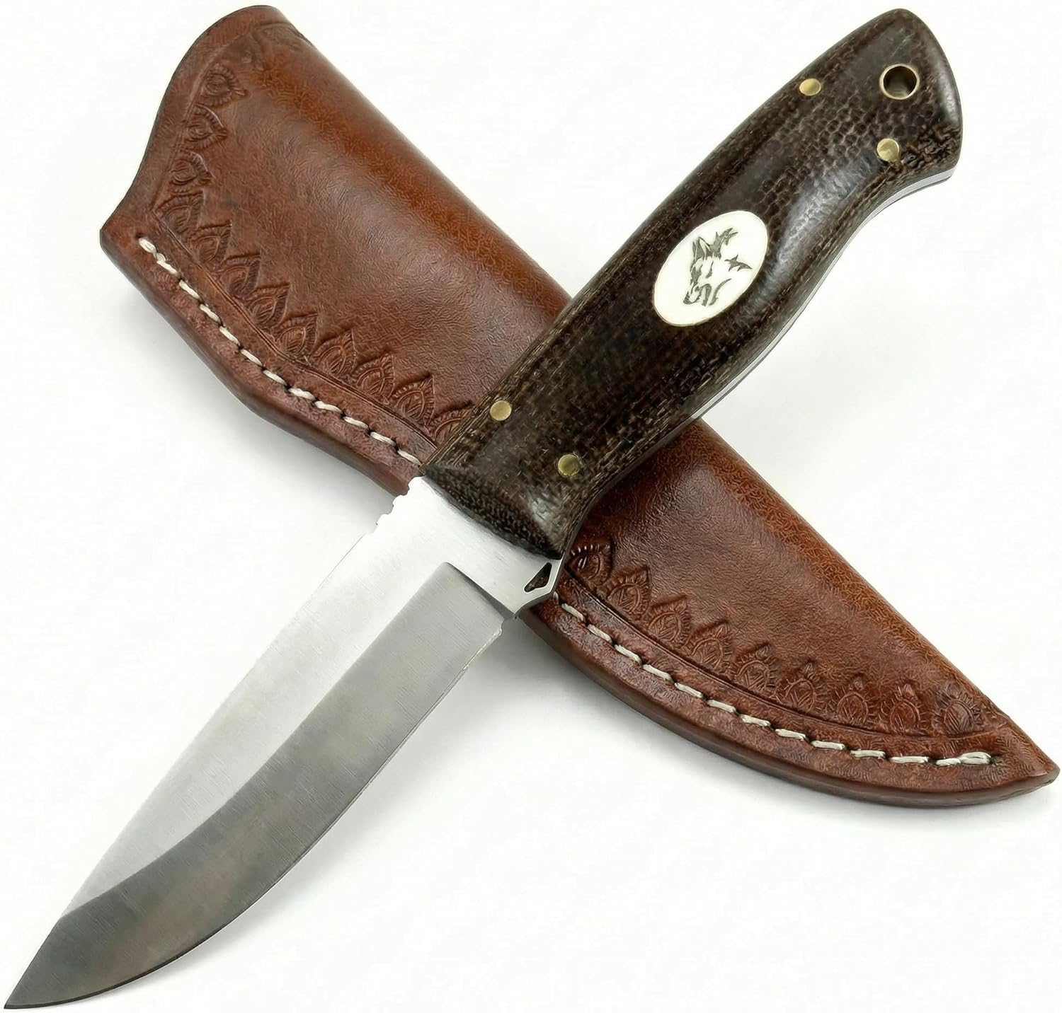 Fixed Blade Knife with Leather, 3.54" D2 Steel Survival Knives for Camping, Bushcraft, Hunting Ergonomic Flax Handle Outdoor Survival Gear Gift for Men