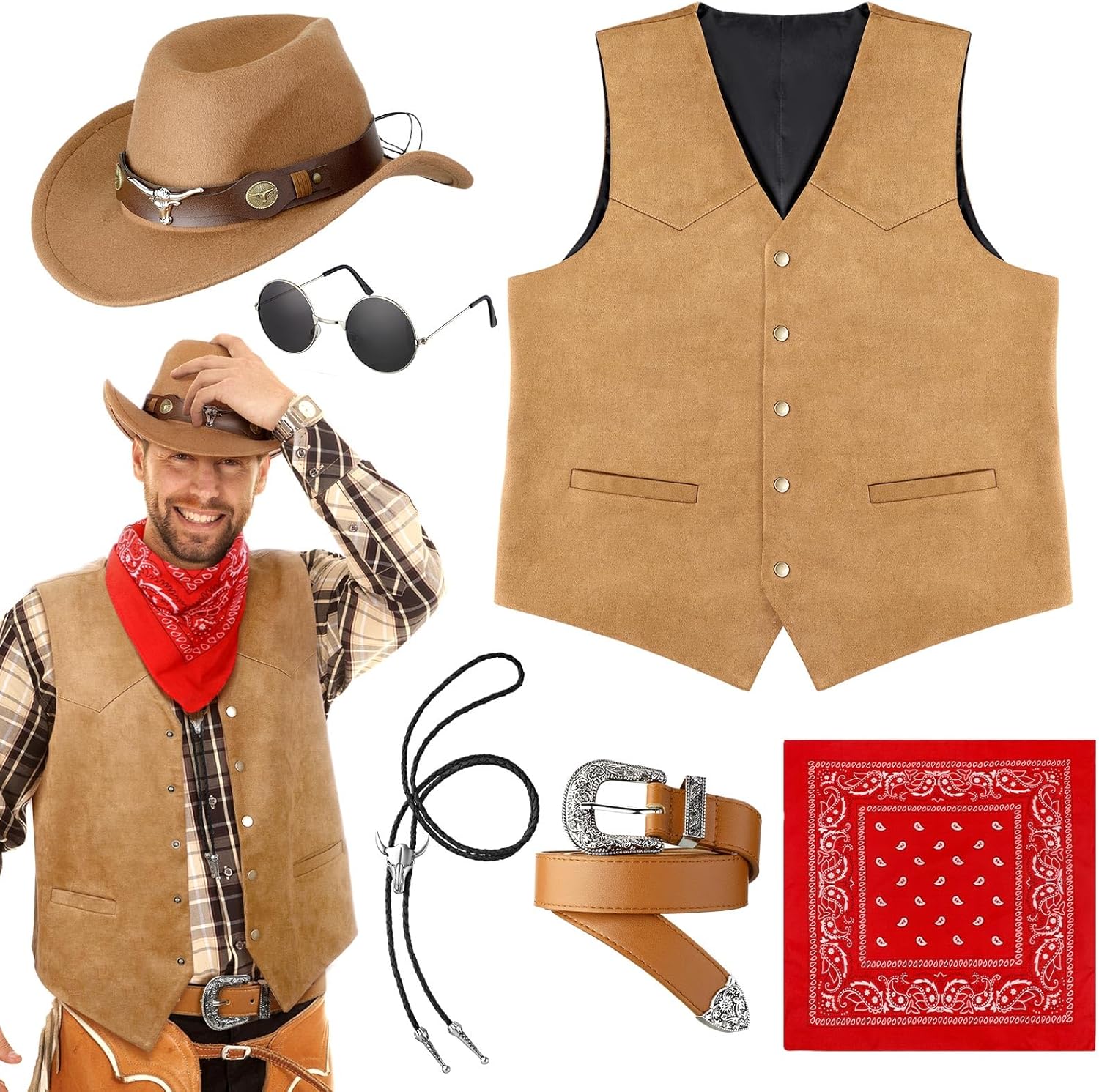 Vabean 6 Pcs Cowboy Costume Men Western Outfit Cowboy Vest Hat Necklace Belt Buckle Bandana Glasses for Halloween Cosplay Brown Large