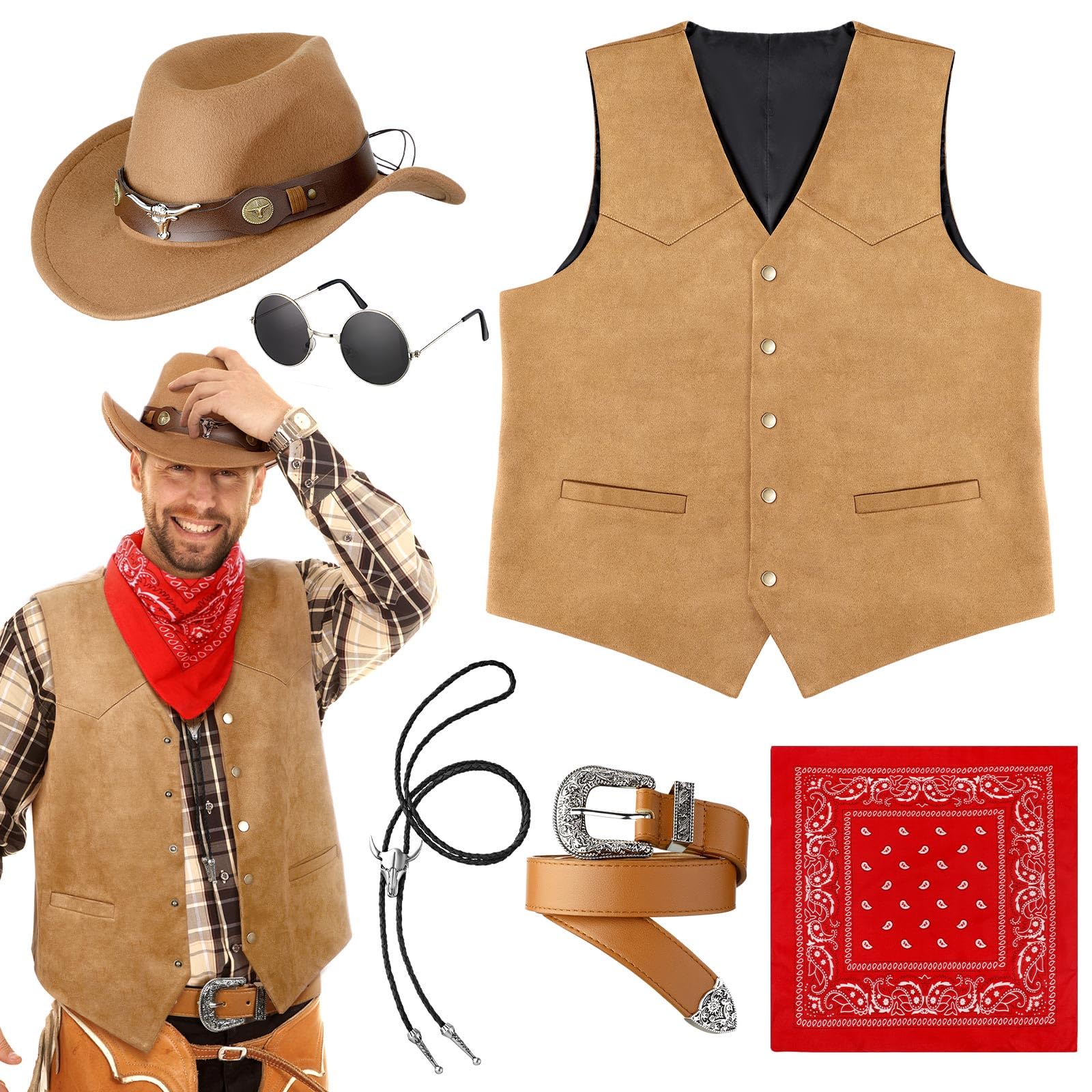 6 Pcs Cowboy Costume Men Western Outfit Cowboy Vest Hat Necklace Belt Buckle Bandana Glasses for Rave Accessories