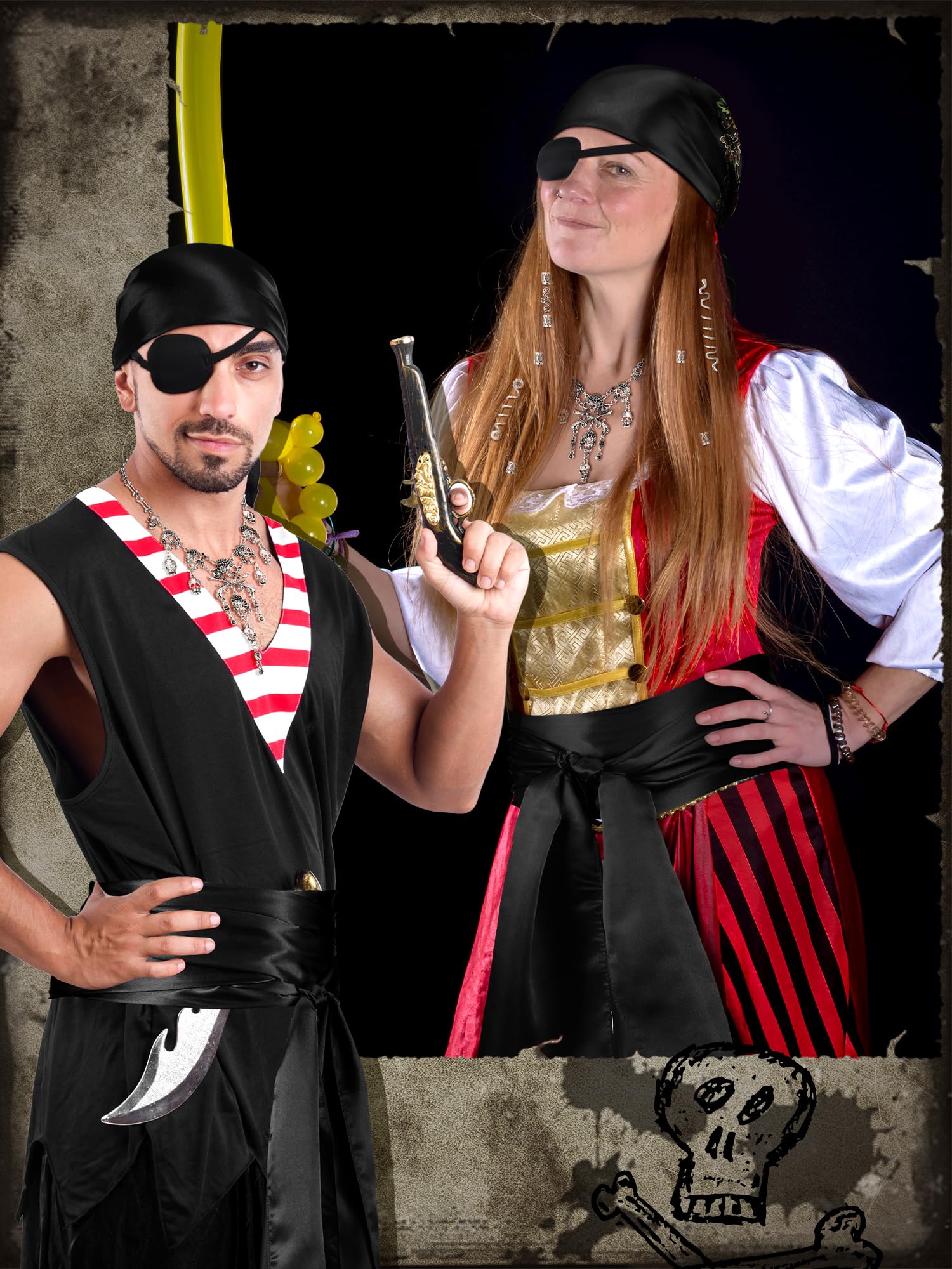 Remuuly Piratenkostüm-Zubehör für Damen, Piratenkopftuch, Schärpe, Gürtel, Augenklappe, Halskette, Ohrringe, Schlangen-Haar-Accessoire, 24 Stück