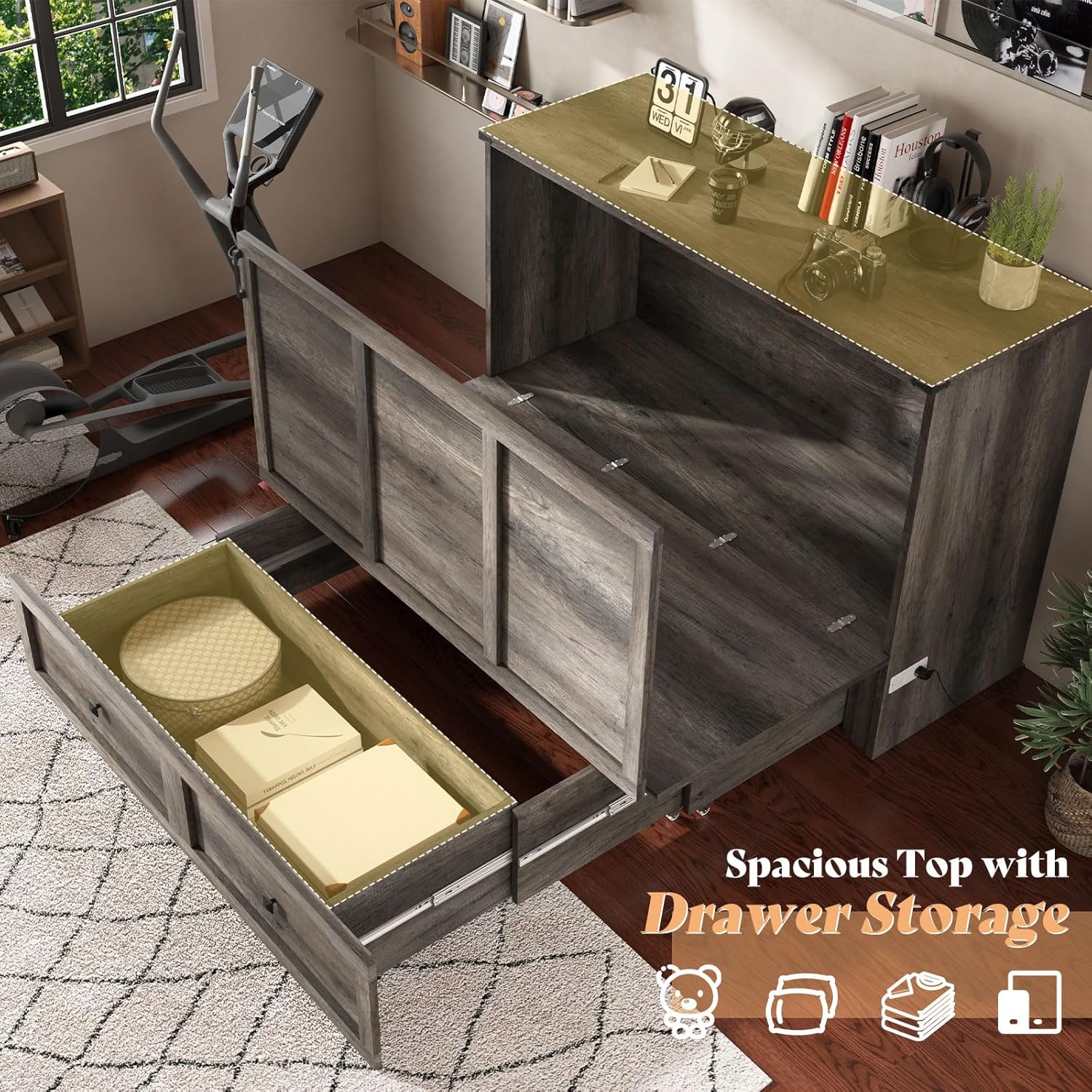 Aerial view of the AMERLIFE Murphy Bed in its cabinet form, with the top surface highlighted and the storage drawer open, revealing items inside.