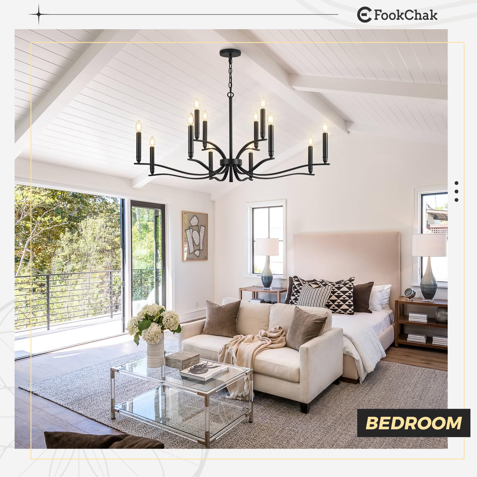 Condition photo showing New/Like New for Black Living Room Chandelier 12 Light Hight Ceiling Foyer Candle Chandelier Large Dining Room Light Fixture Over Table 44in Metal Modern Chandeliers Hanging Light for Entry Master Bedroom