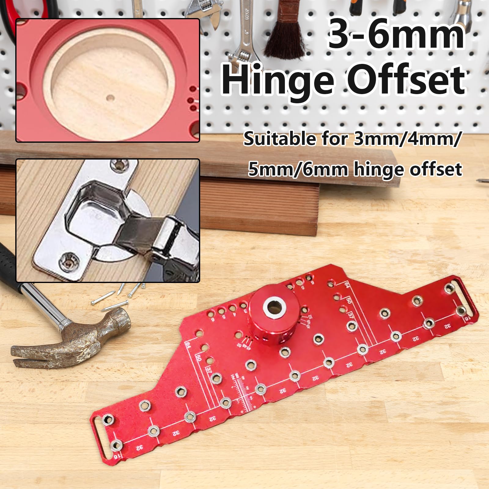 Dima di Foratura, Dima per Cerniera per Ante Cucina 2 in 1 in Lega di Alluminio con Dima di Foratura con 11 Fori Jig per Perni per Mensola e Cerniera con Punte da Trapano da 2 mm 5 mm 1/4 di Pollice