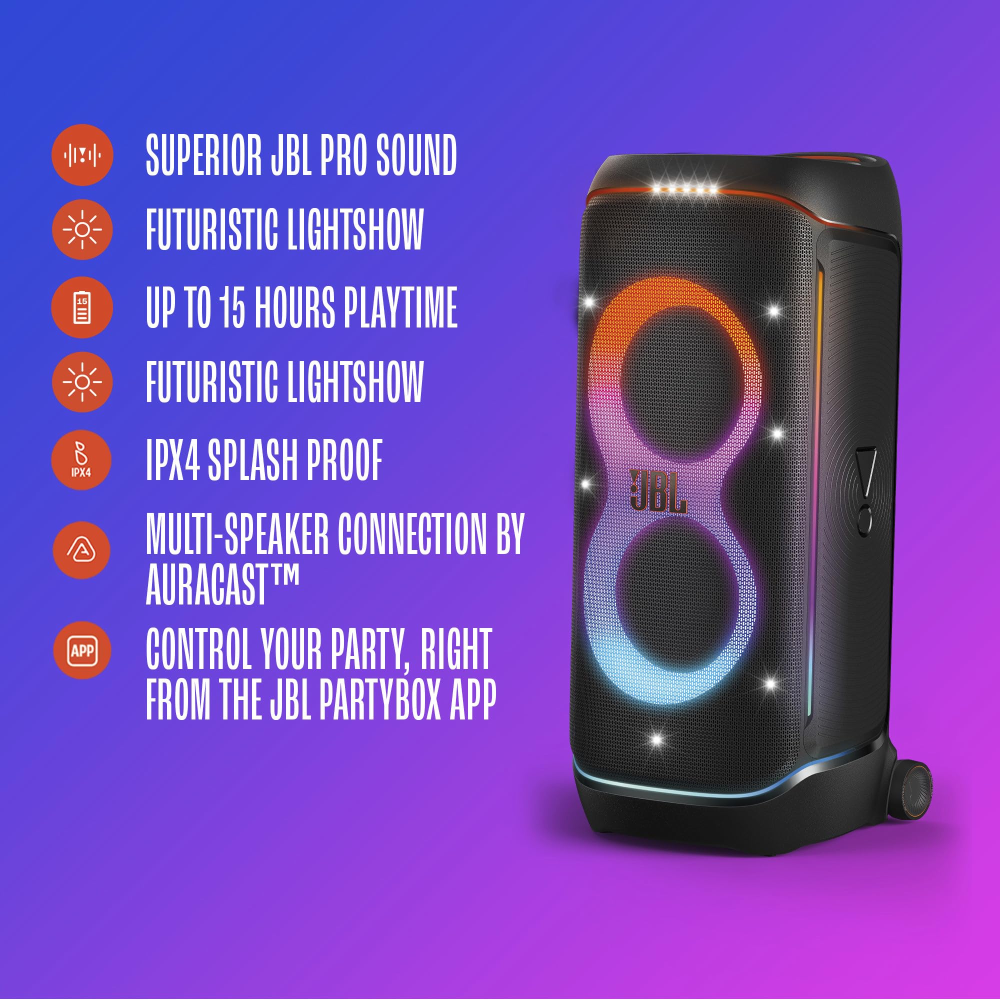 JBL PartyBox 720 - Loudest Battery-Powered Party Speaker with Superior Pro Sound and a Futuristic lightshow, Up to 15 Hours Playtime & IPX4 Splash Proof (Black)