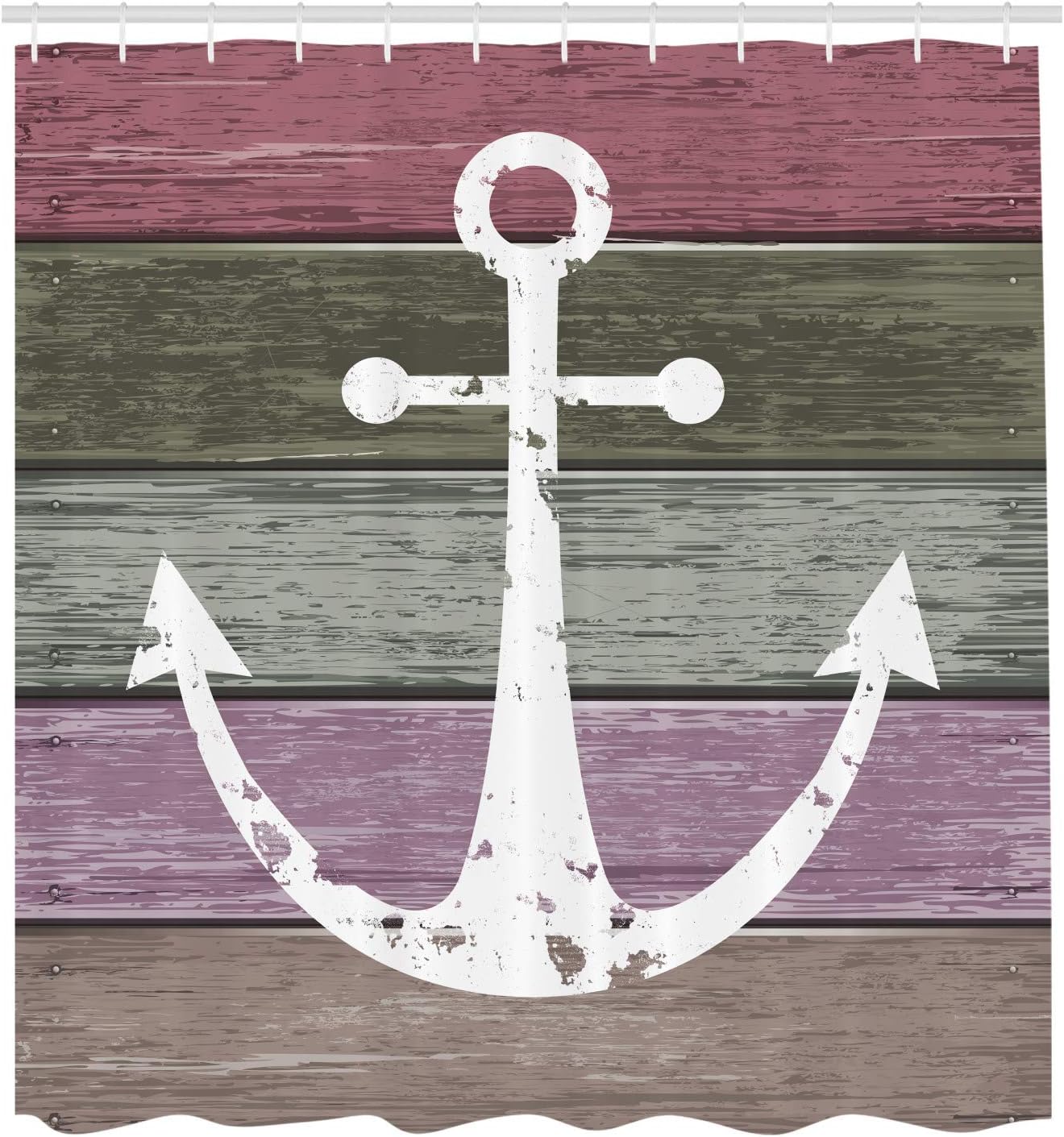 Ambesonne Anchor Shower Curtain, Grunge Style Nautical Artwork of Marine Pattern and Weathered Planks, Cloth Fabric Bathroom Decor Set with Hooks, 69" W x 75" L, Green Rose