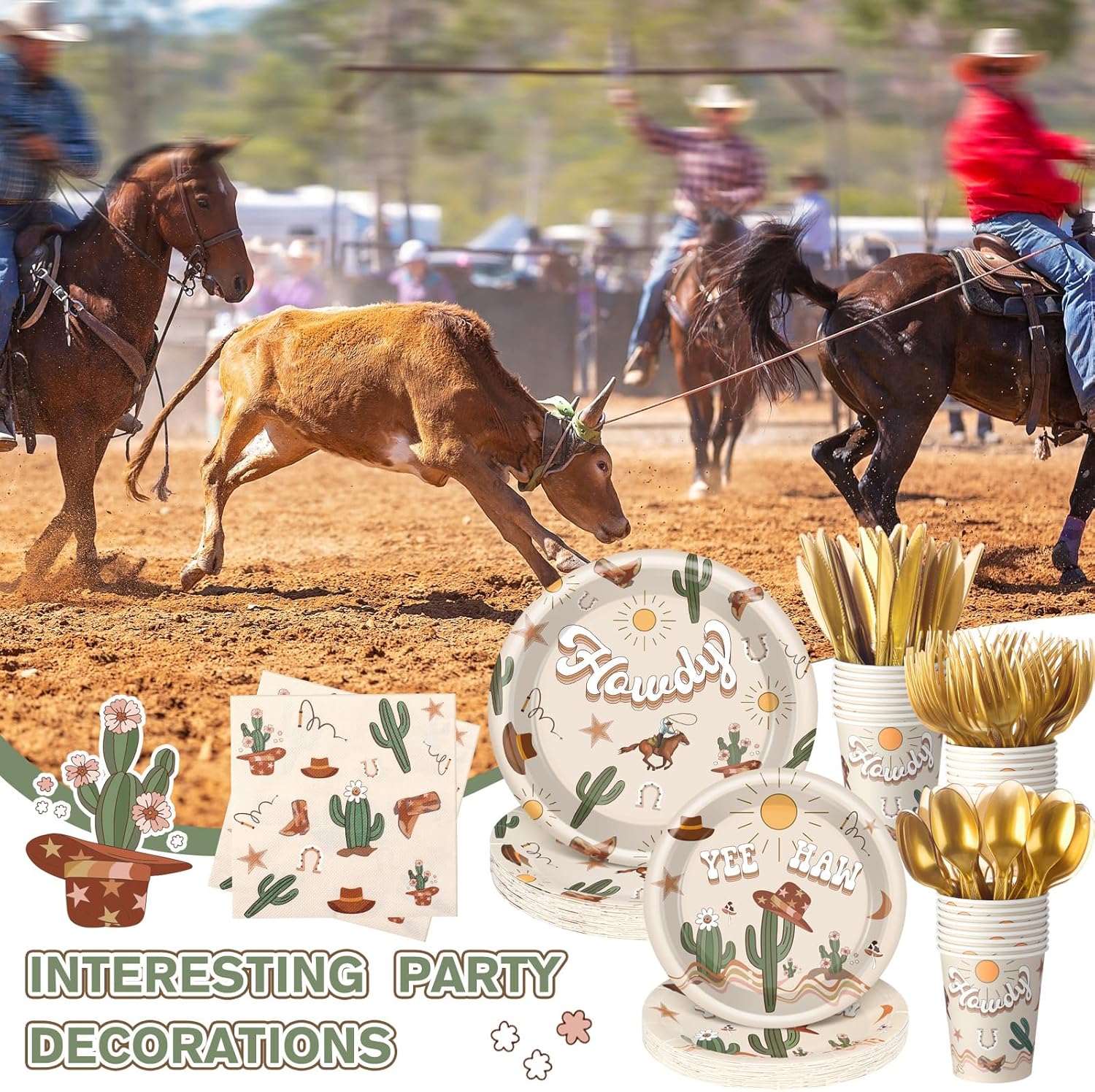 168 Pcs Western Rodeo Country Birthday Party Supplies First Rodeo Cowboy Birthday Party Decorations, Howdy Cowgirl Supplies, Yeehaw Boho Western Baby Shower Favors, Wild West Theme Tableware