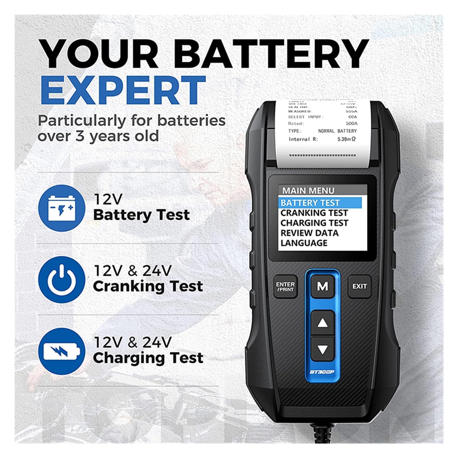 Tester per batterie, Tester for batteria BT300P con stampante 12V, strumenti di prova for avviamento e ricarica digitale for auto, analizzatore for veicoli 100-2000CCA