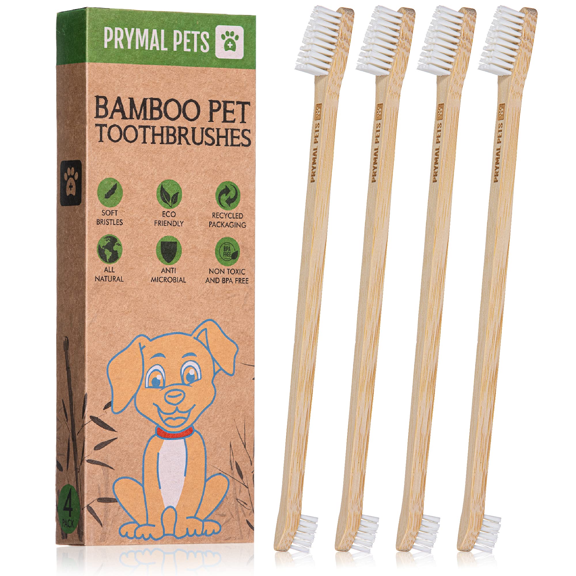 Dog Toothbrush I 4-Pack Two Sided Bamboo Toothbrush for Small and Large Dogs & Cats I Soft Bristles Gentle for Easy Dog Teeth Brushing & Dental Care