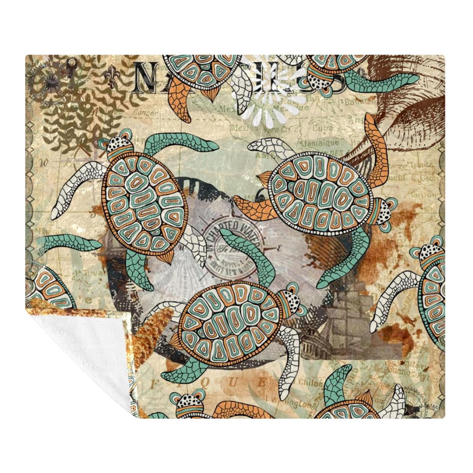 Plaid polaire microfibre tortue de mer vintage 150x130 cm lit canapé