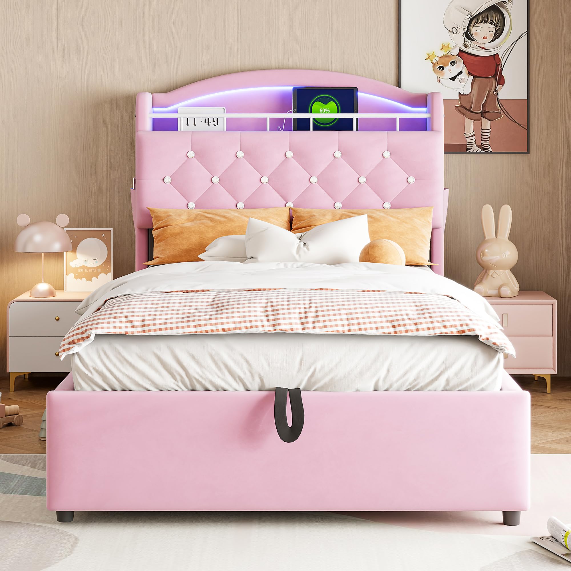 Letto imbottito per bambini,90x200cm,3 USB+C,illuminazione a LED,contenitore idraulico,contenitore e tasche laterali,letto multifunzionale,letto singolo,velluto,senza materasso,Rosa