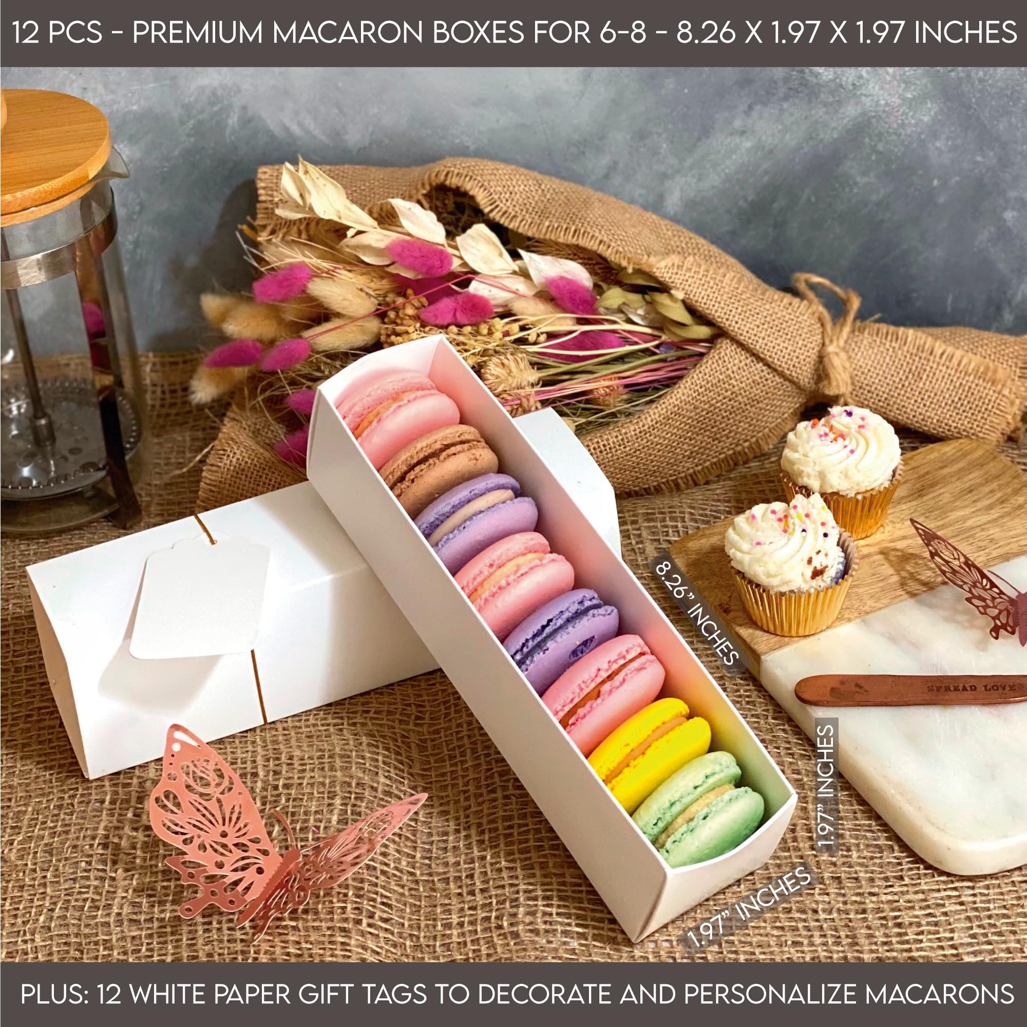 VASSAPACK 12 Pcs Macaron Boxes for 6-8 with White Sleeves 8.26x1.97x1.97 Inches - Oreo Cookie, Covered Strawberries Gift Boxes, Perfect for Wedding Favors, Party Treats, Macarons Containers