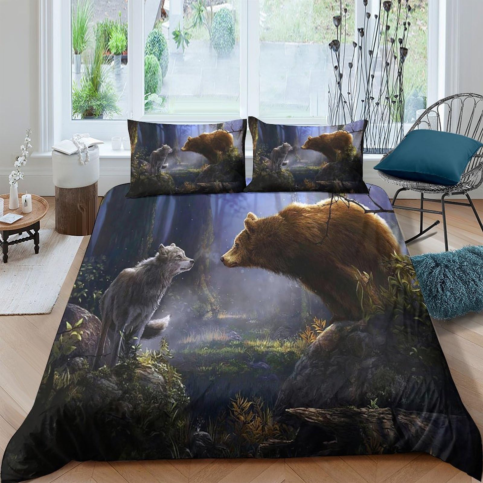 TUFRTGYHN 3D Printed Forest Animal Duvet Cover Microfiber Soft Breathable Bear Wolf Bedding Set with 2 Pillowcases for Bedroom Decor Single（135x200cm）