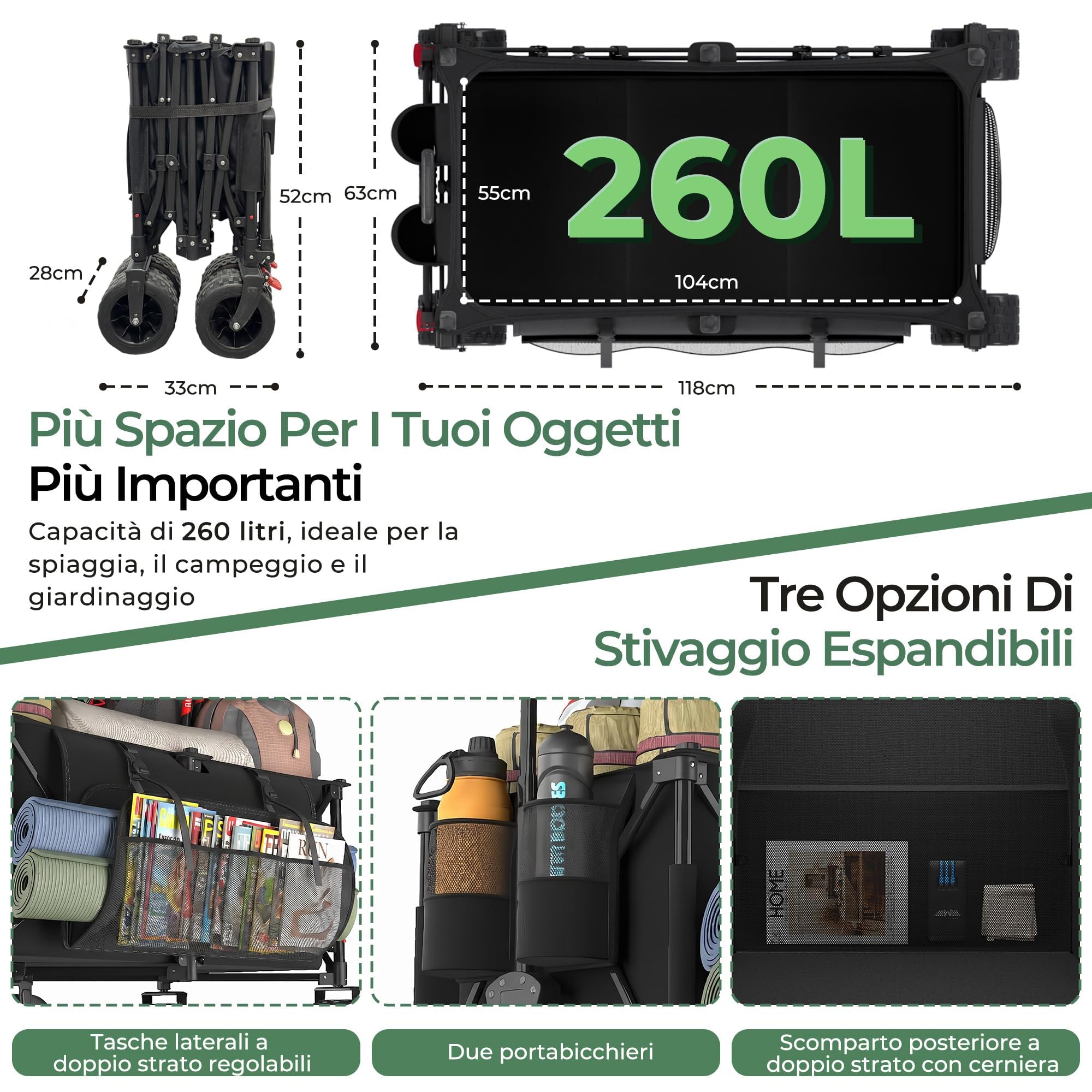 Carrello Spiaggia Pieghevole 260L, Carrello con Ruote Portatutto | Freno | Carrellino con Ruote Portatutto Max 200kg | Manico Regolabile | 25L Tasche Laterali | Esterni Giardino Campeggio(Nero)