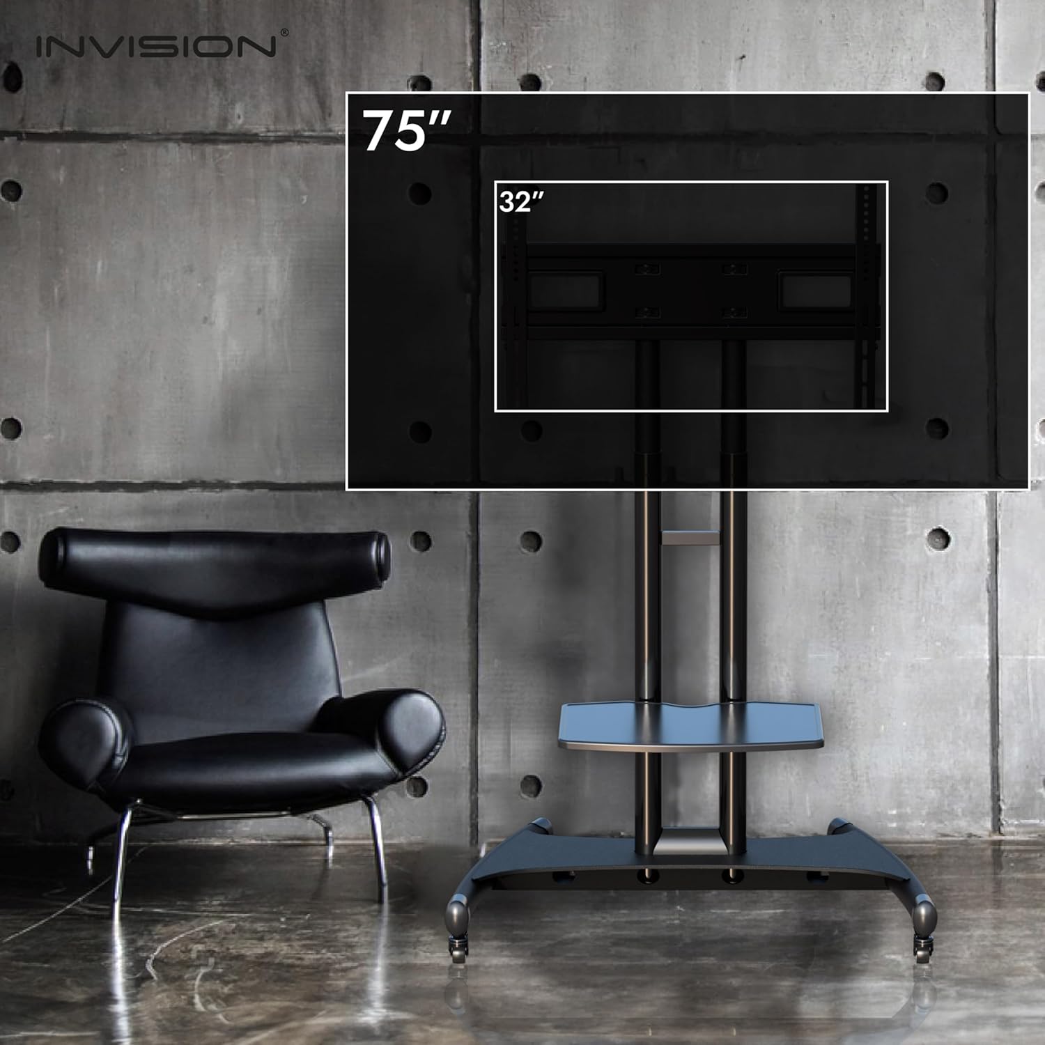 Invision GT1200 ScreenStation with a diagram showing 32 inch to 75 inch TV compatibility