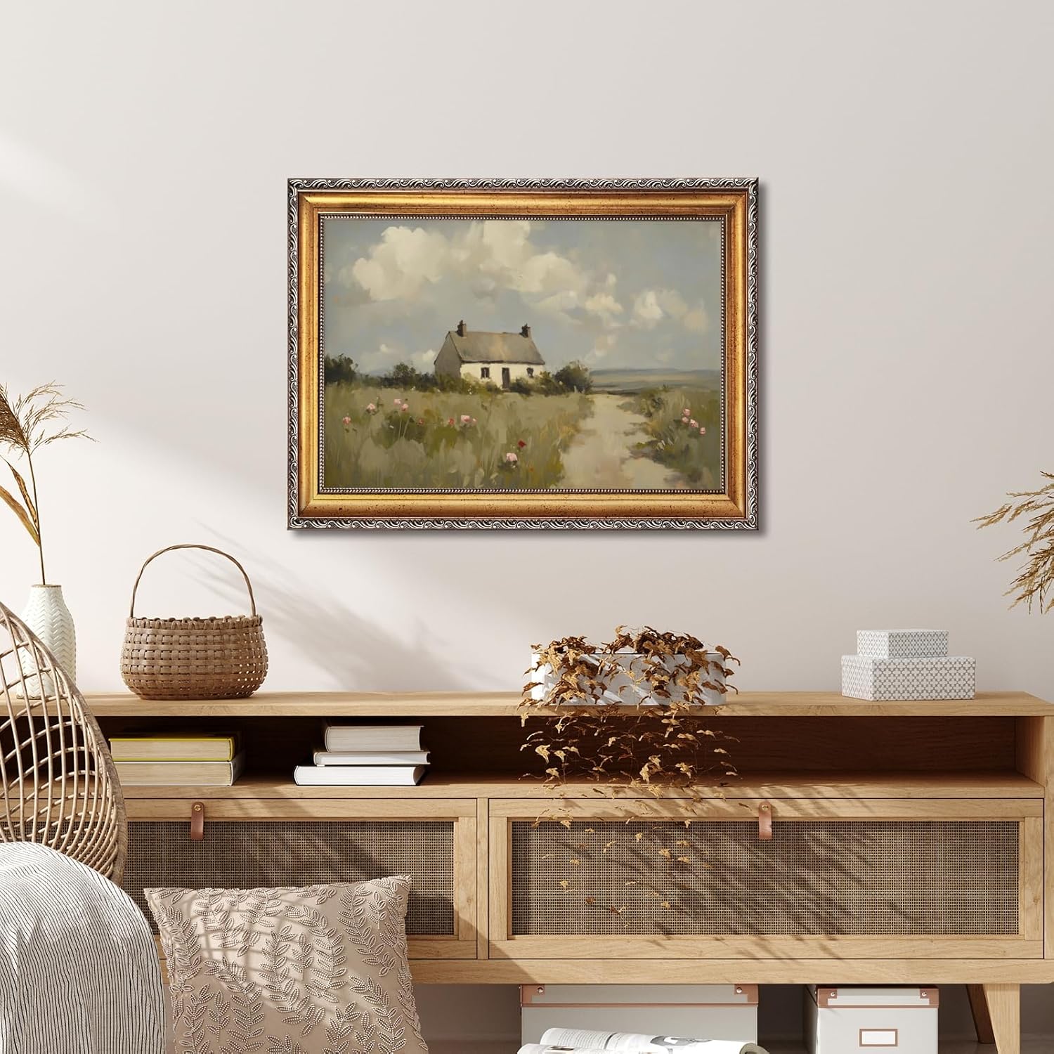 Gold Framed English Countryside Cottage Wall Art Rustic Farmhouse Landscape Canvas Print Poster Vintage Country Home Painting Cozy Cottagecore Picture Decor for Living Room Bedroom 12x16inch