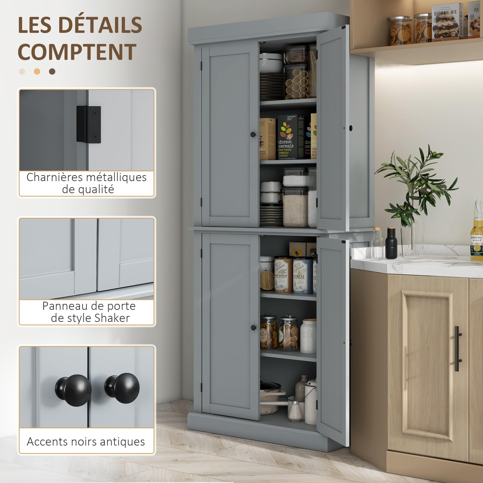 HOMCOM Armoire de Cuisine Vaisselier Style Moderne 76 x 40,5 x 184 cm Gris | Buffet Cuisine, Meuble de Rangement, avec Placards, Étagères Réglables, pour Salle à Manger, Salon