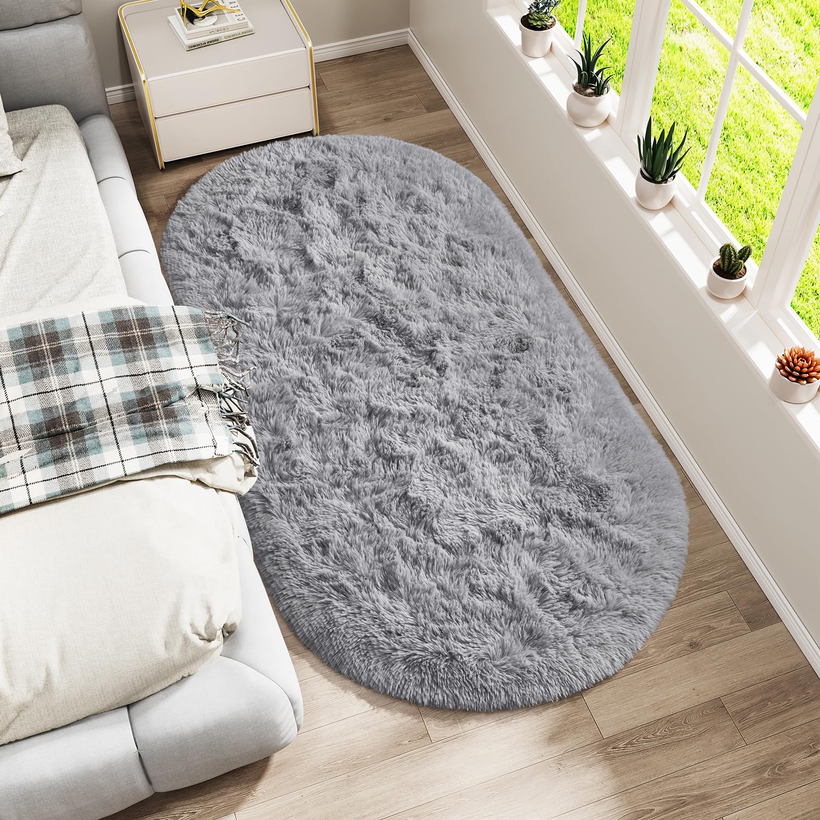 LOCHAS Bedroom Rug 2.6' x 5.3', Gray Fluffy Shaggy Area Rug for Bedroom Bedside, Soft Oval Throw Rugs Carpet for Kids Girls Nursery Living Room Home Decor