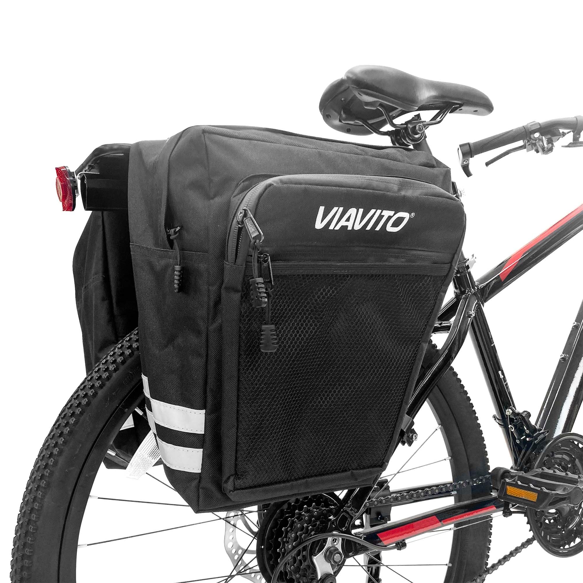 Viavito Double Pannier Bag - Waterproof 600D Oxford Bike Rear Rack Bag with 2 Large Compartments, 4 Zipped Pockets & Reflective Stripes - Durable, Lightweight & Easy to Install for Cycling & Commuting