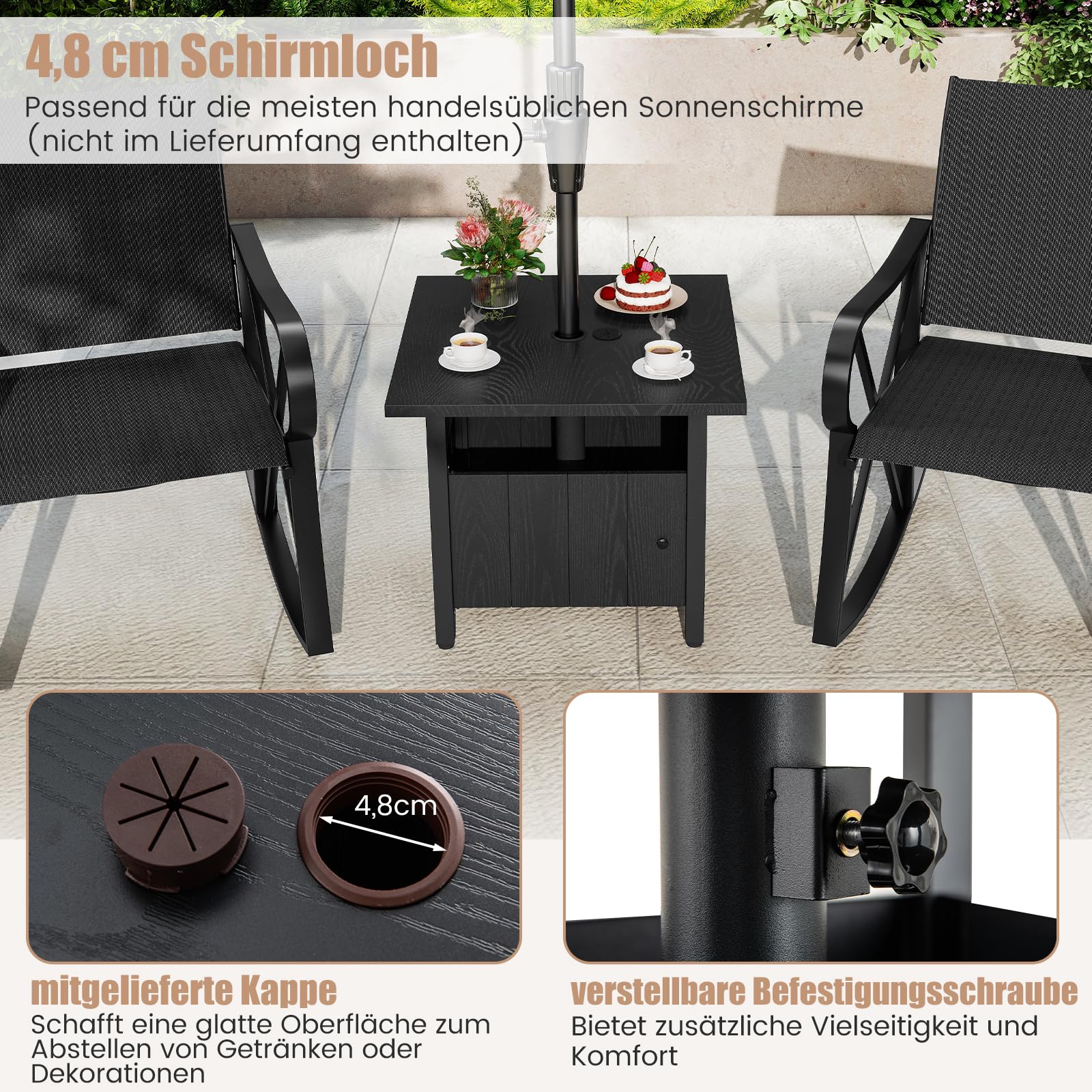 COSTWAY Stolik pomocniczy Outdoor, odporny na warunki atmosferyczne, metalowy stół ogrodowy z otworem na parasol i 2 workami na piasek, mały stolik balkonowy, stolik kawowy do ogrodu, na balkon, taras